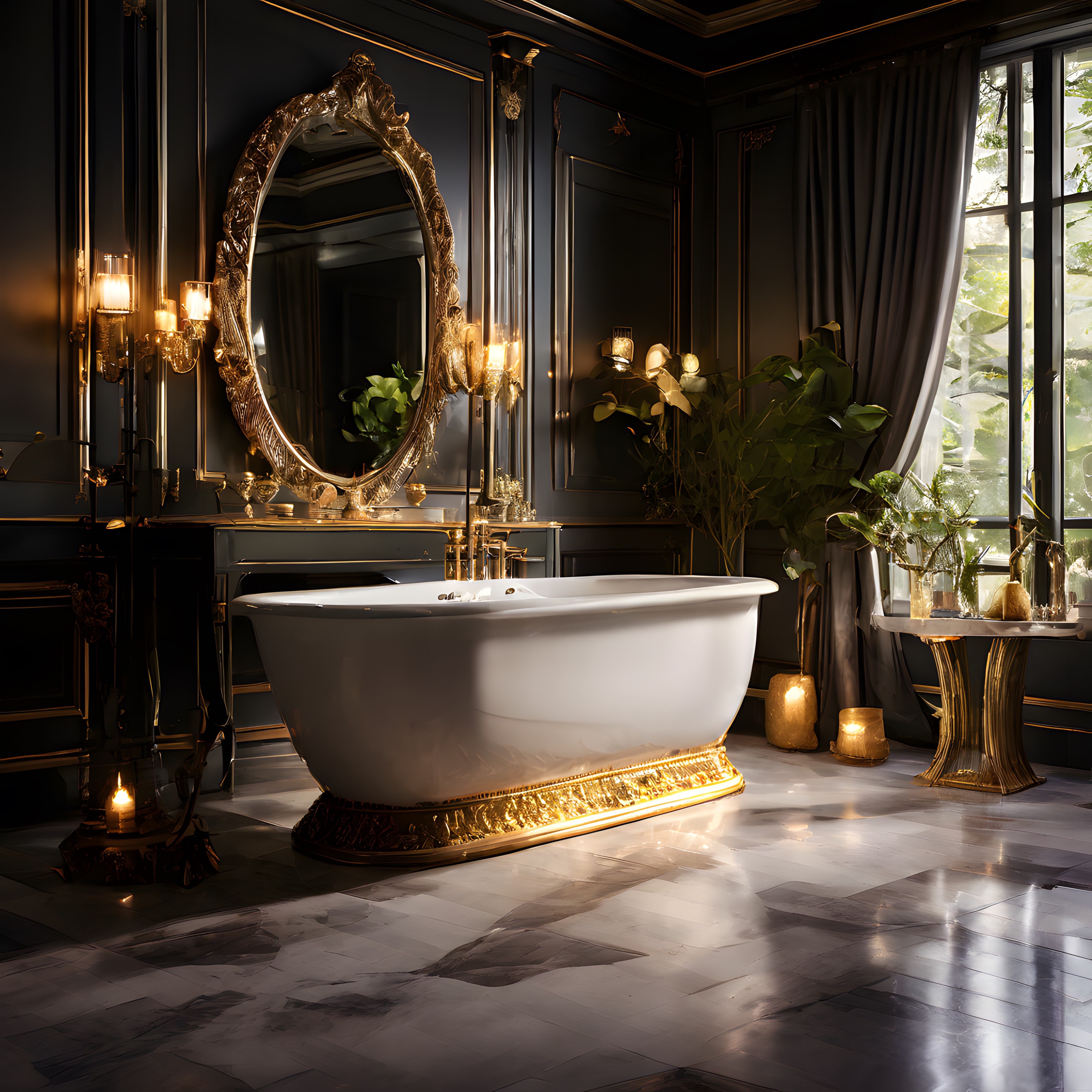 Lüks siyah ve altın detaylı modern banyo dekorasyonu aydınlatmalı özel tasarım küvet