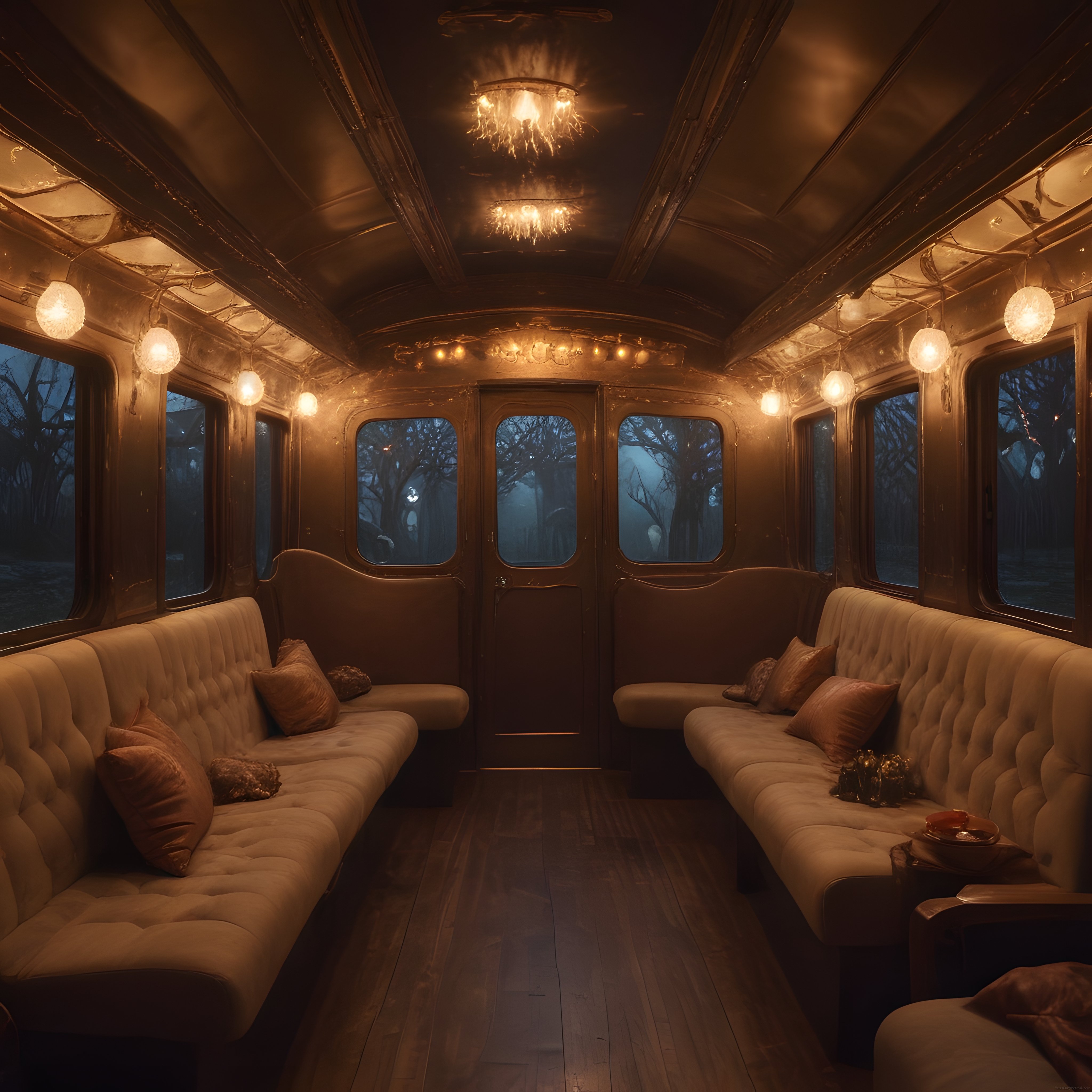 Lüks Tren Vagonu İçinde Sisli Orman Manzaralı Büyülü Gece Atmosferi