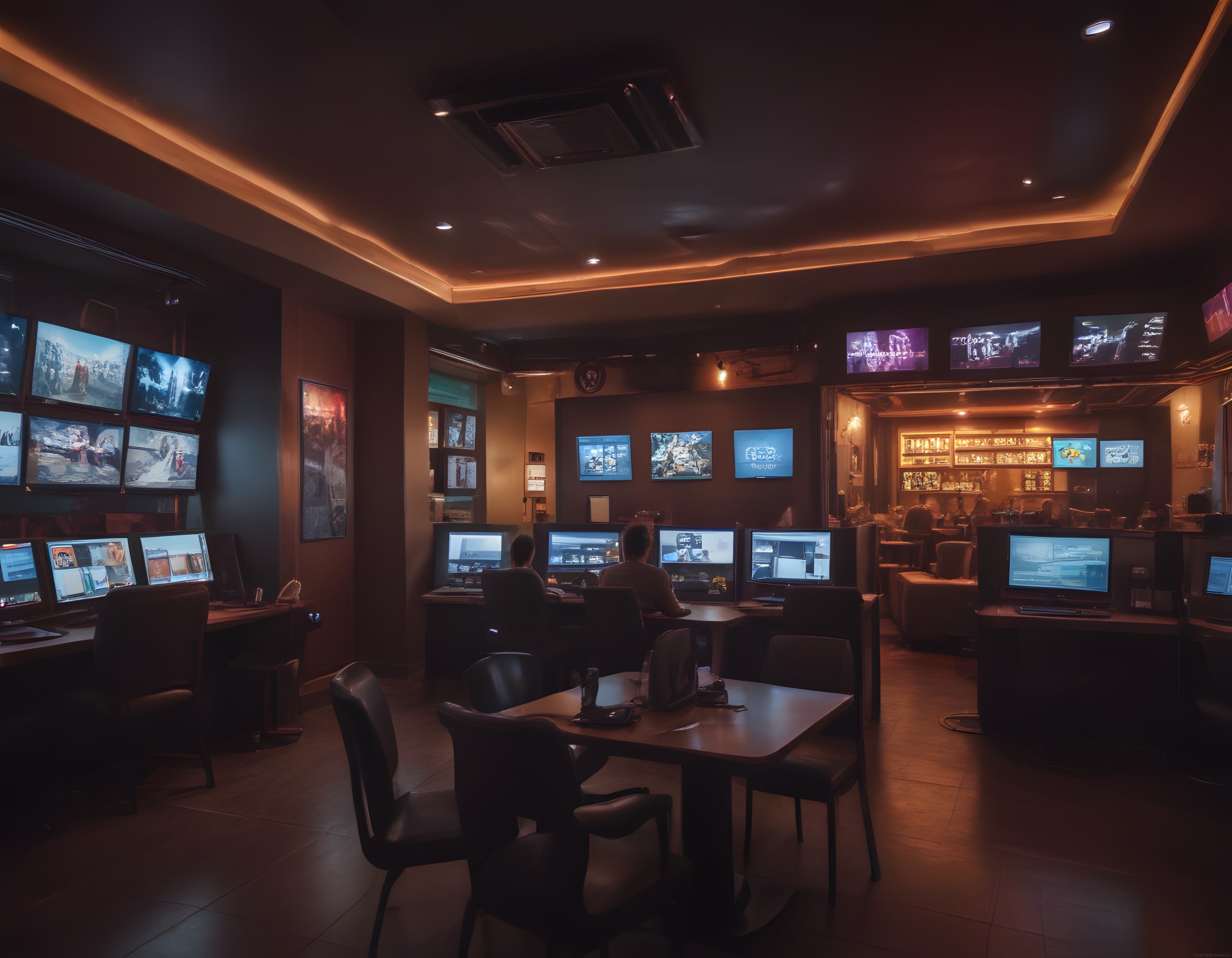 Lüks ve Loş Işıklı Gaming Lounge İçi: Monitör Başındaki Oyuncular ve Bar Atmosferi
