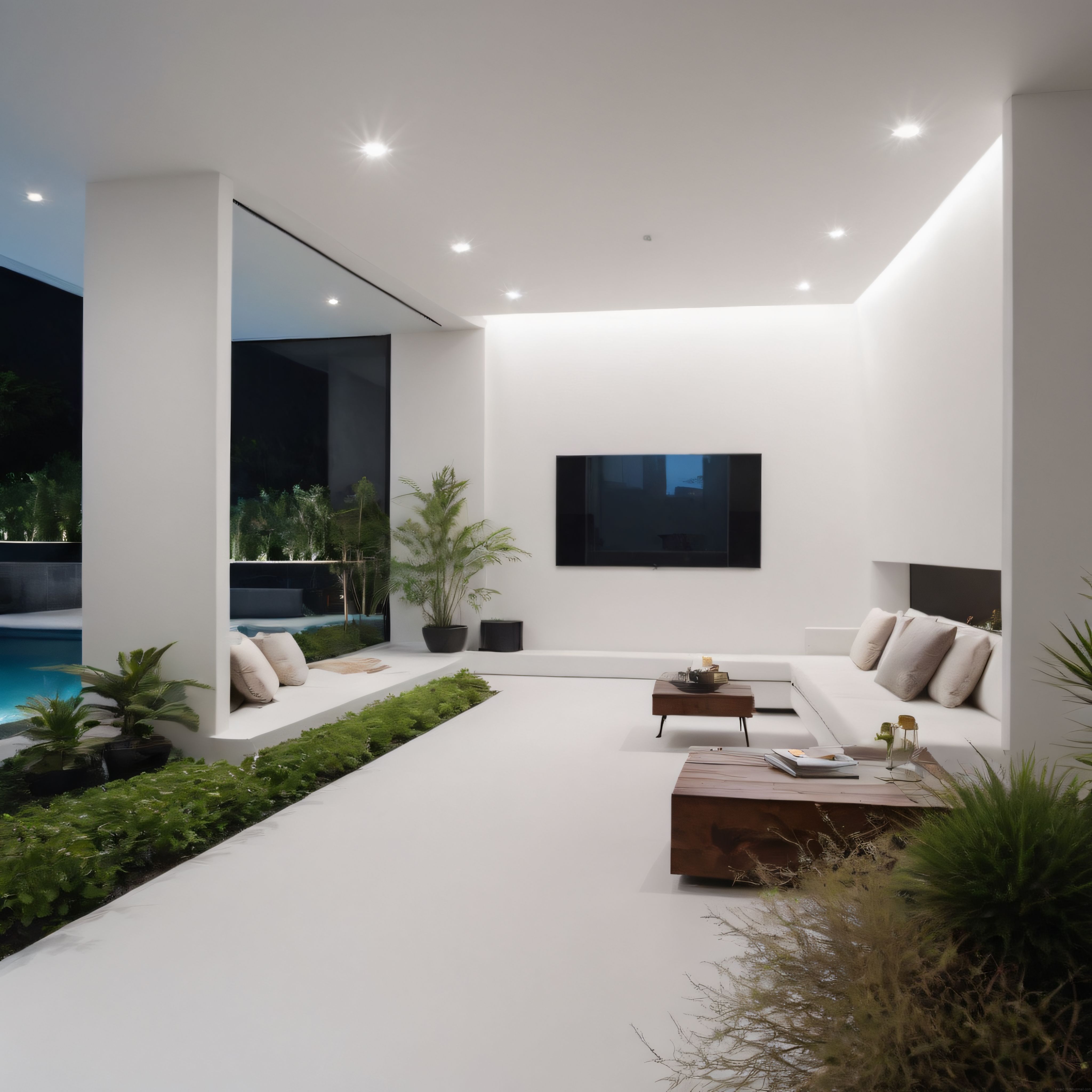 Lüks ve Minimalist Havuz Manzaralı Modern Oturma Odası Dekorasyonu