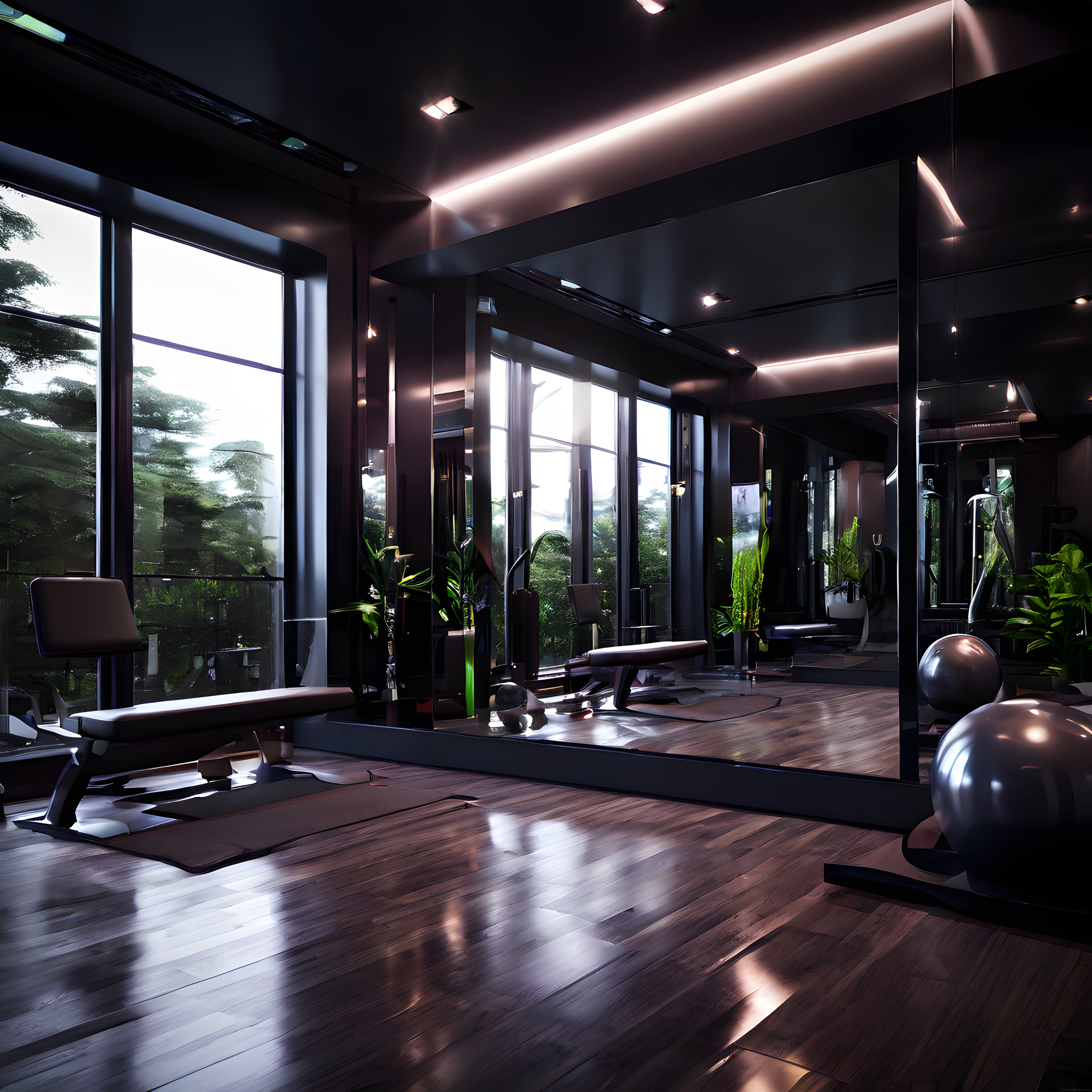 Lüks ve Modern Fitness Stüdyosu: Doğa Manzaralı Şık Spor Salonu İç Mekanı