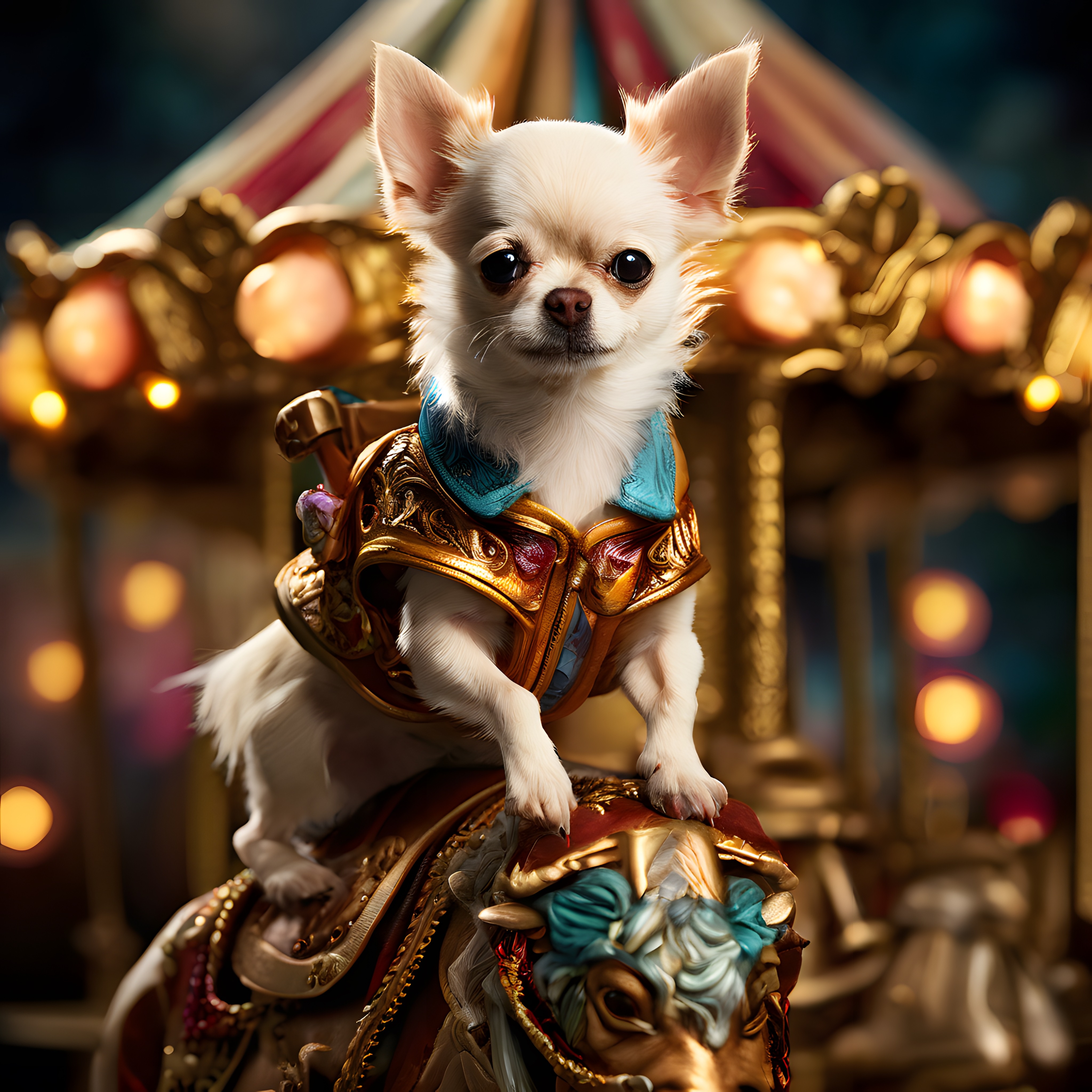 Lunapark atlıkarıncasında süslü zırhlı beyaz chihuahua kahraman köpek fotoğrafı
