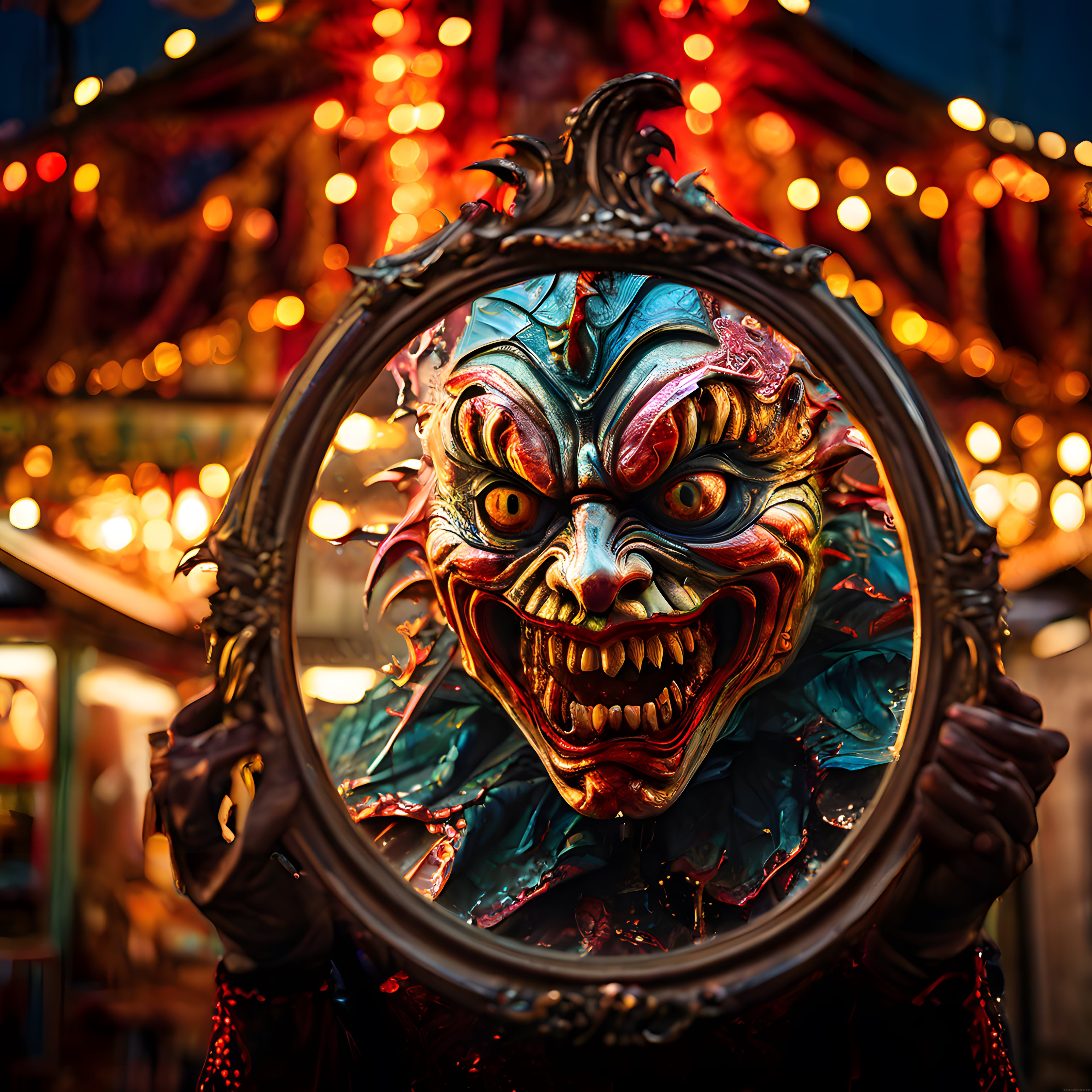 Lunapark Işıkları Ardındaki Korkunç Palyaço Yüzüyle Gizemli Gotik Ayna