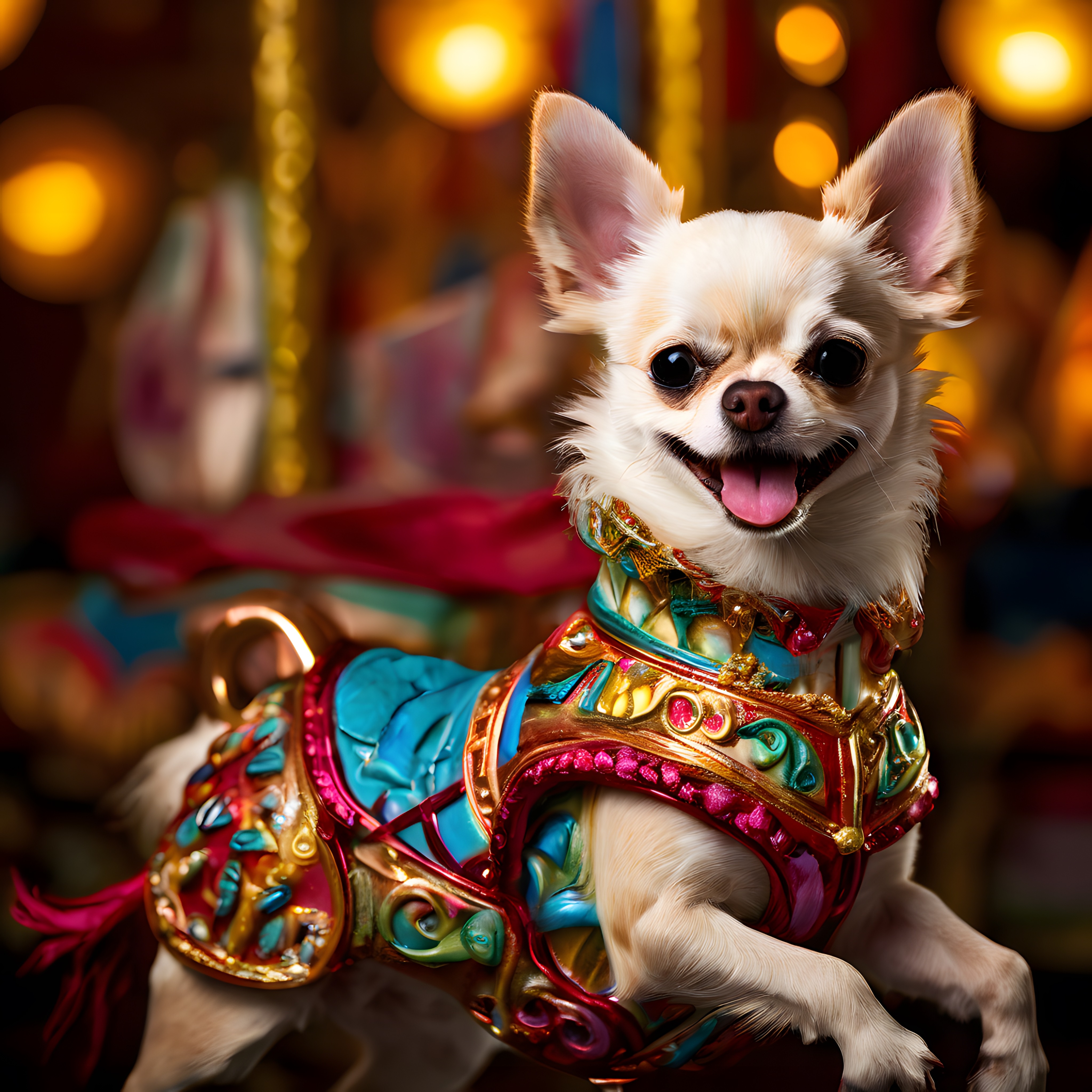 Lunaparkta Atlıkarınca Kostümlü Neşeli Chihuahua Köpeği Portresi