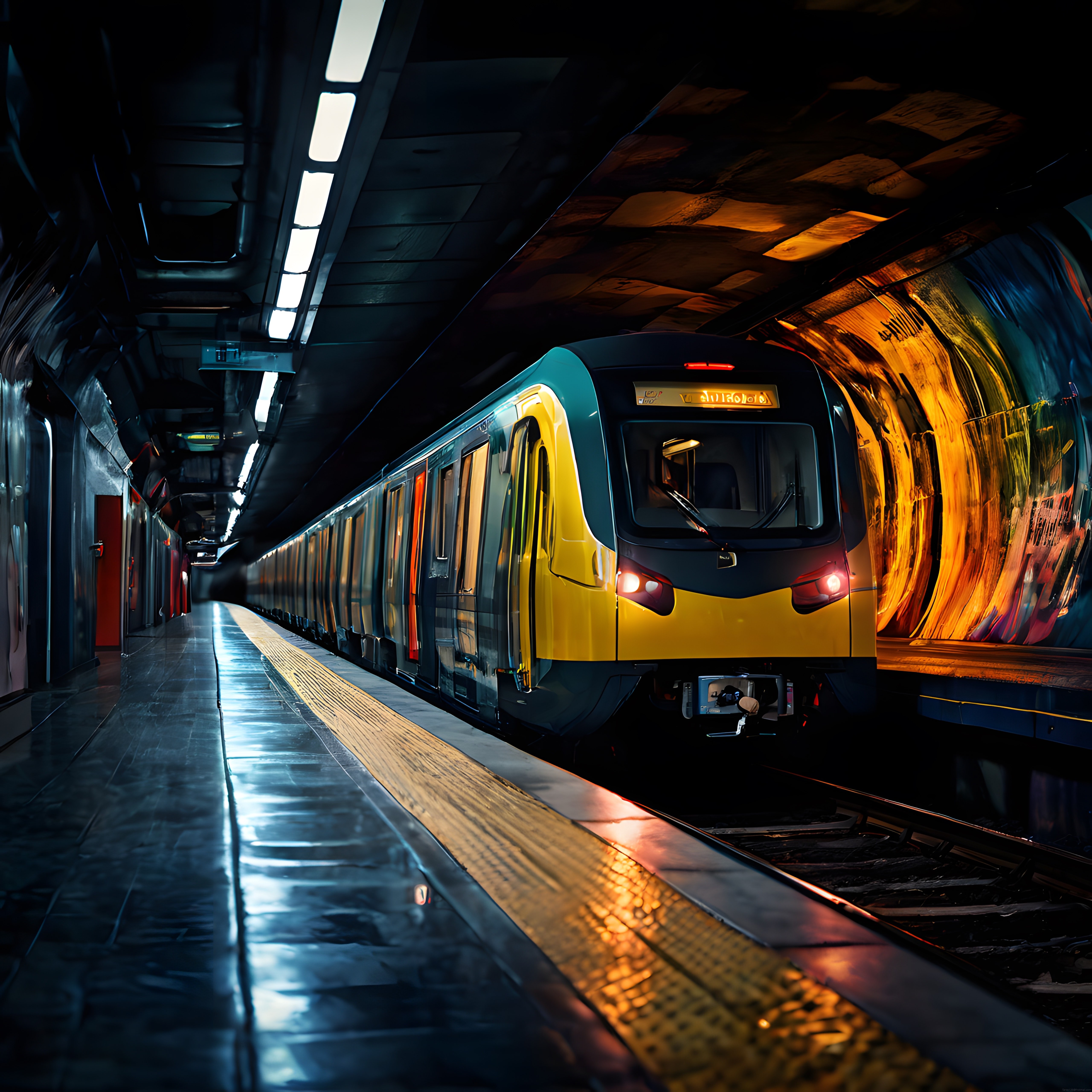 Mağara Tavanlı Metro İstasyonunda Sarı Tren ve Dramatik Gece Işıkları