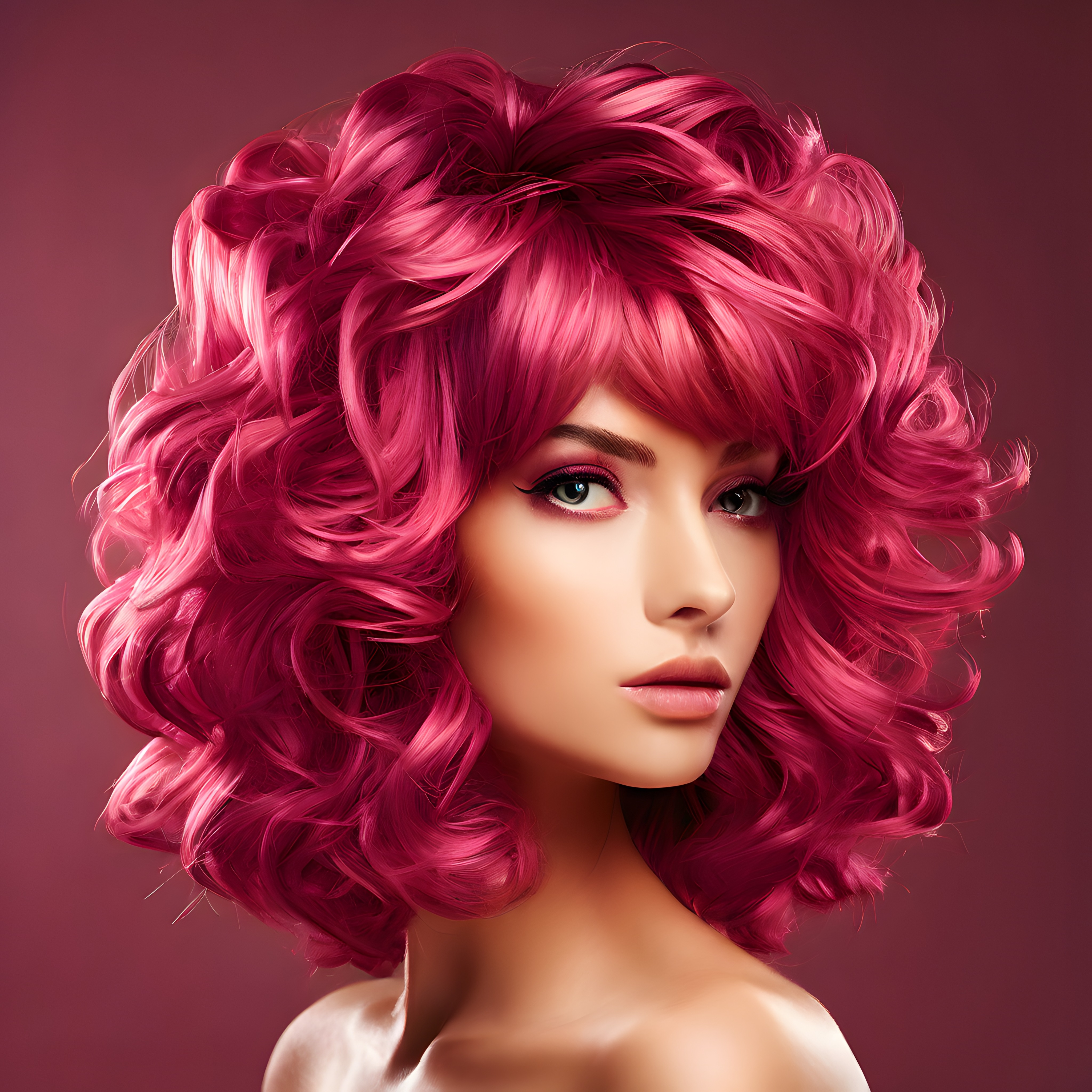 Magenta Kıvırcık Saçlı Kadının Sanatsal Dijital Portresi ve Saç Modeli