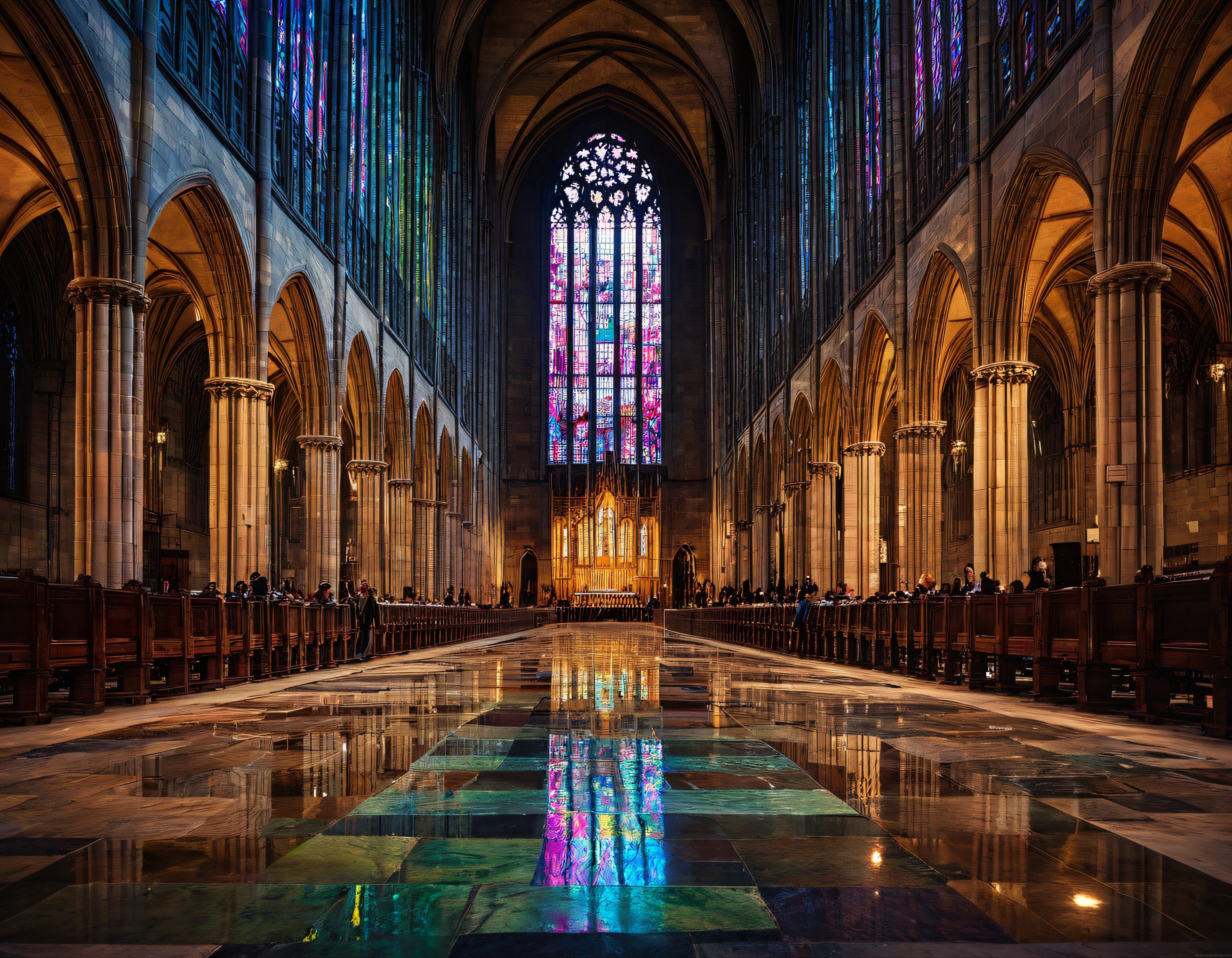 Majestik Gotik Katedral İçi, Renkli Vitraylar ve Işık Oyunları