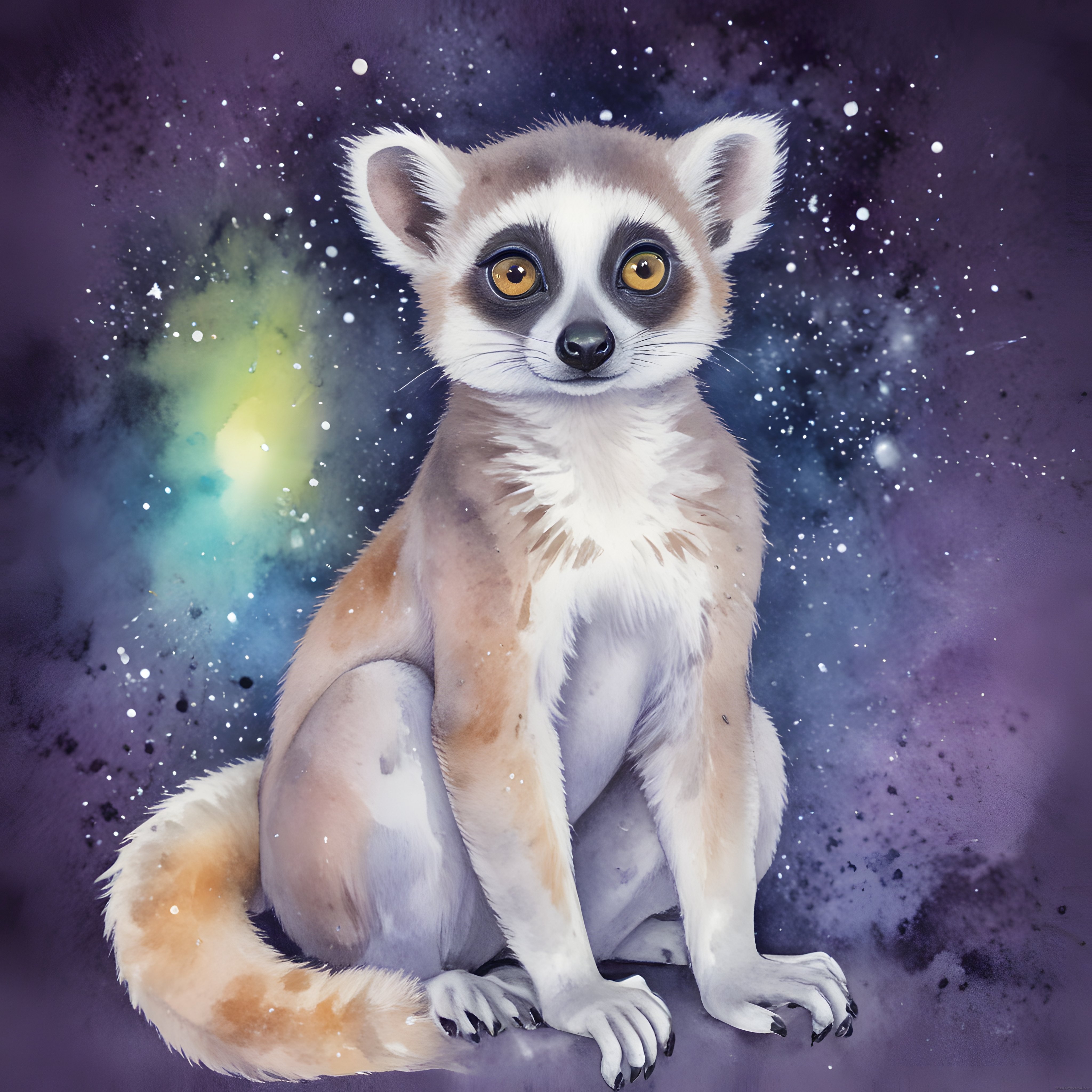 Majestik Uzay Arka Planında Oturan Sevimli Suluboya Lemur Portresi