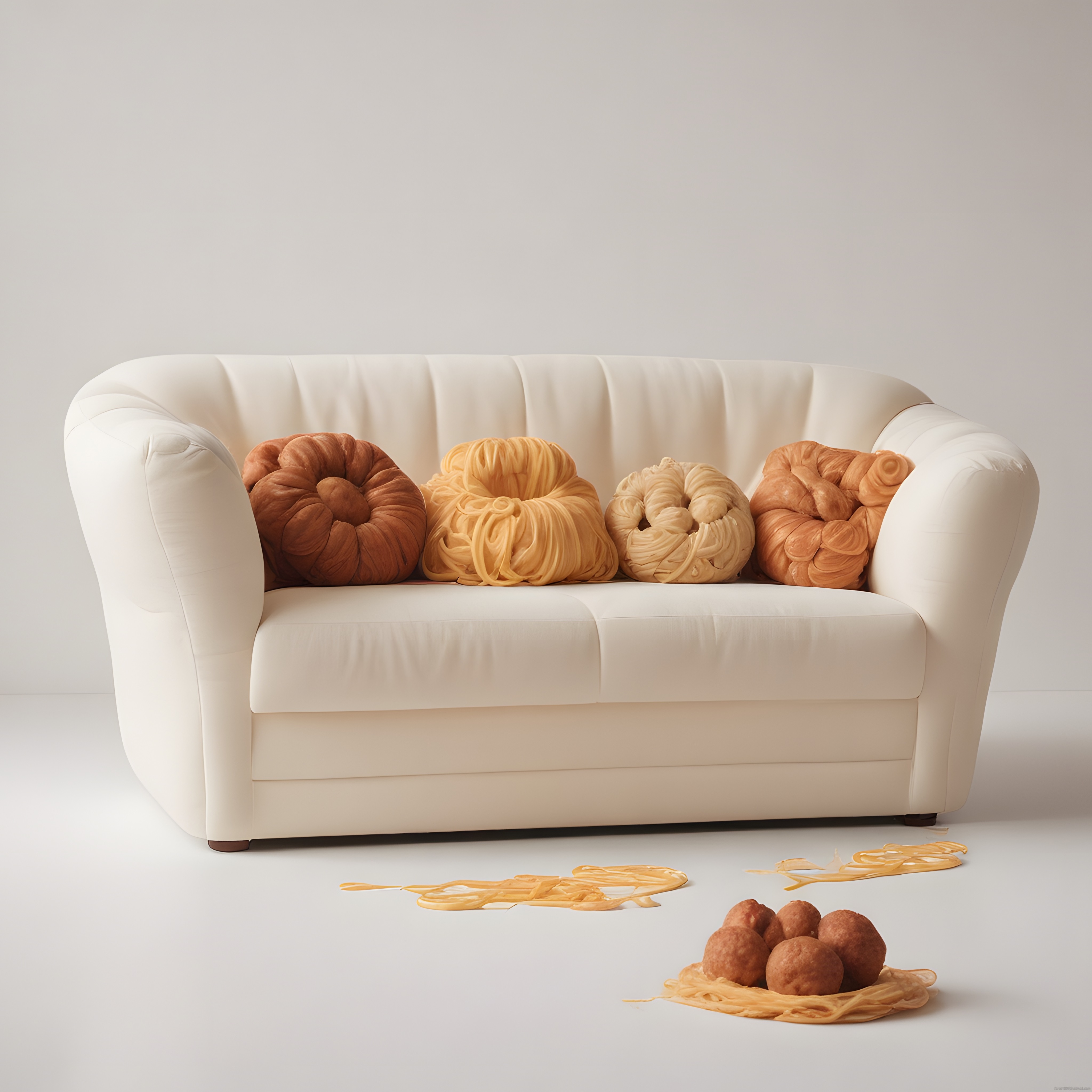 Makarna ve Köfte Şeklindeki Tasarım Yastıklarla Minimalist Beyaz Koltuk