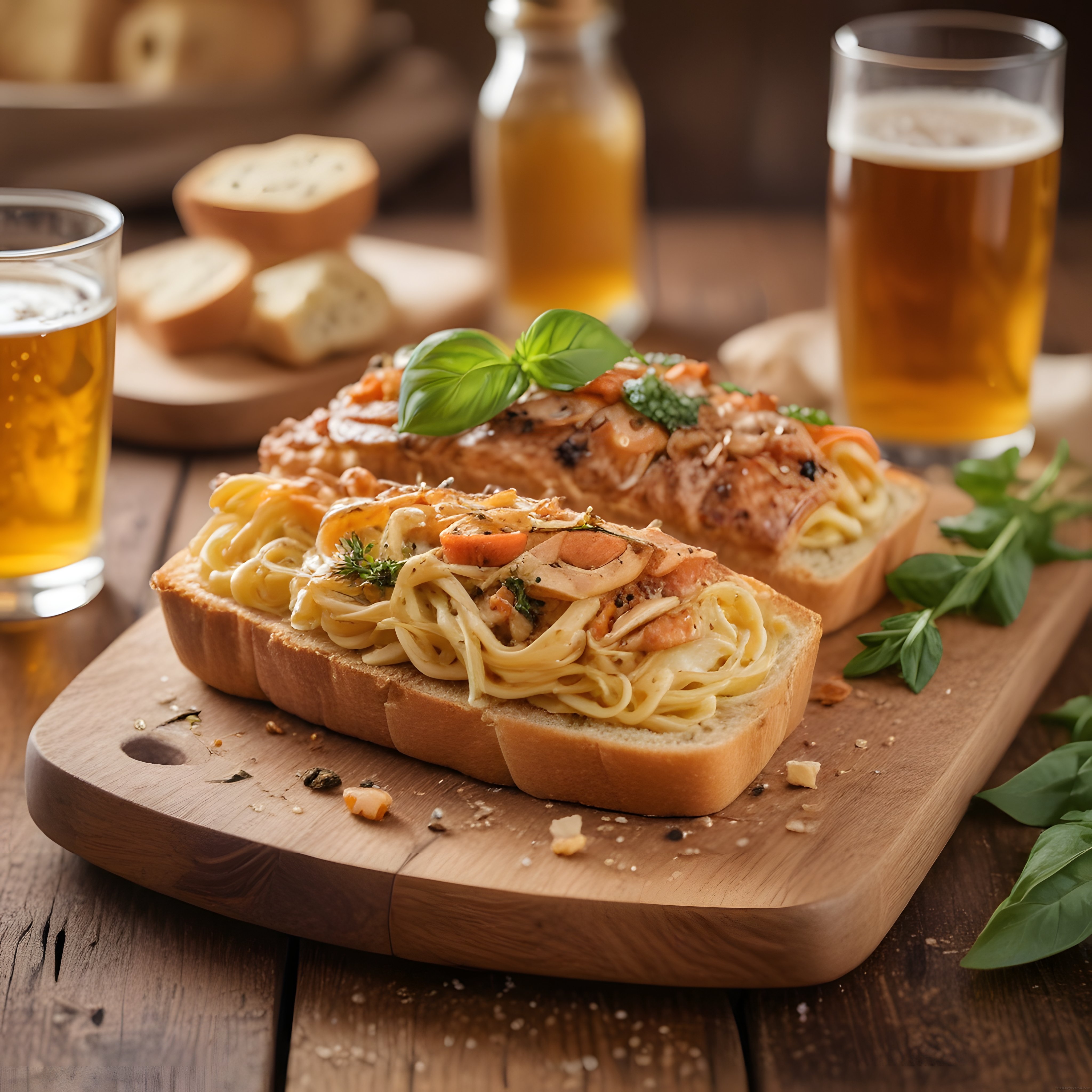 Makarnalı Ekmek Dilimleri ve Bira Eşliğinde Rustik Masa Sunumu
