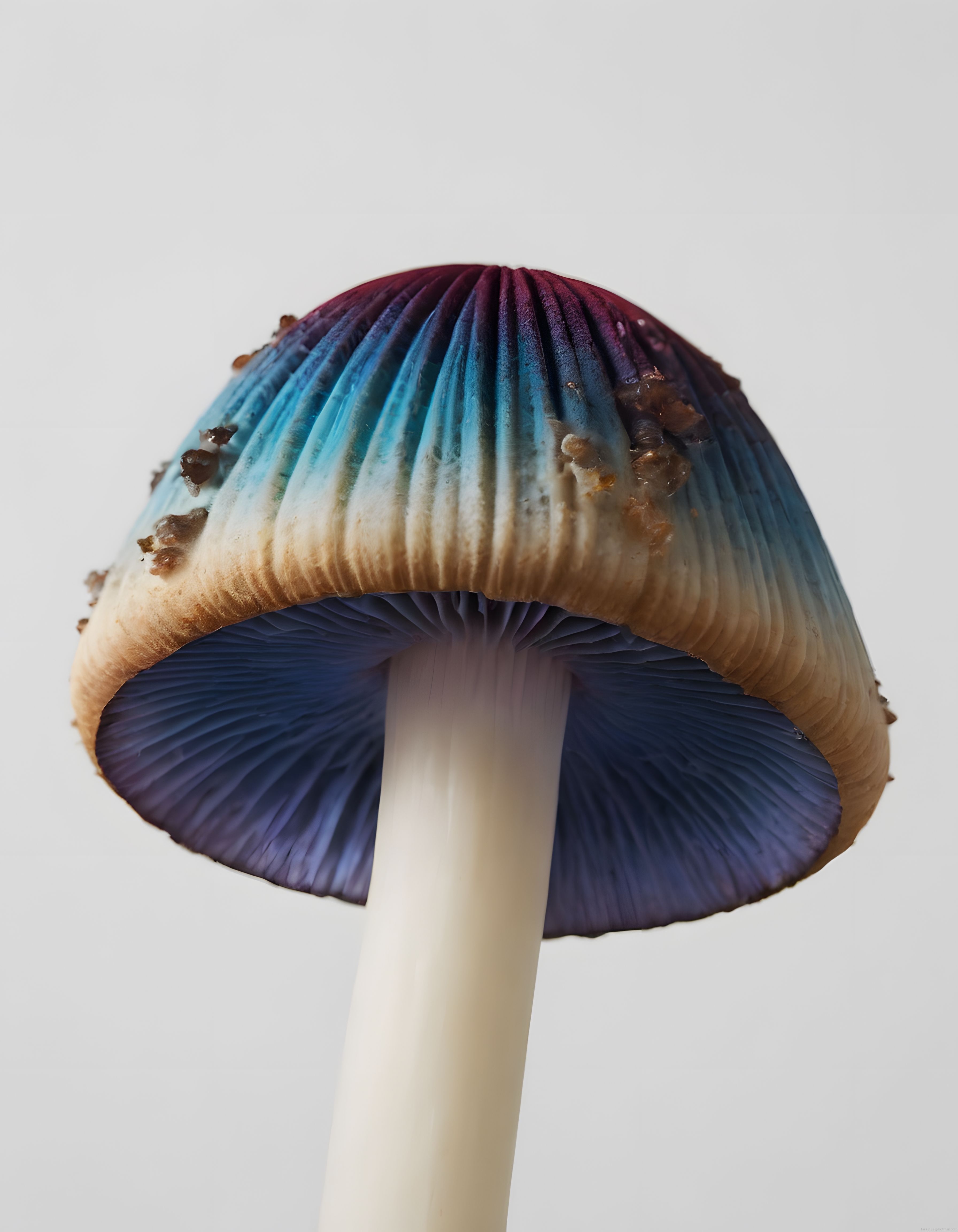 Makro çekimde mor turkuaz tonlarıyla vahşi mantarın detaylı şapka yapısı