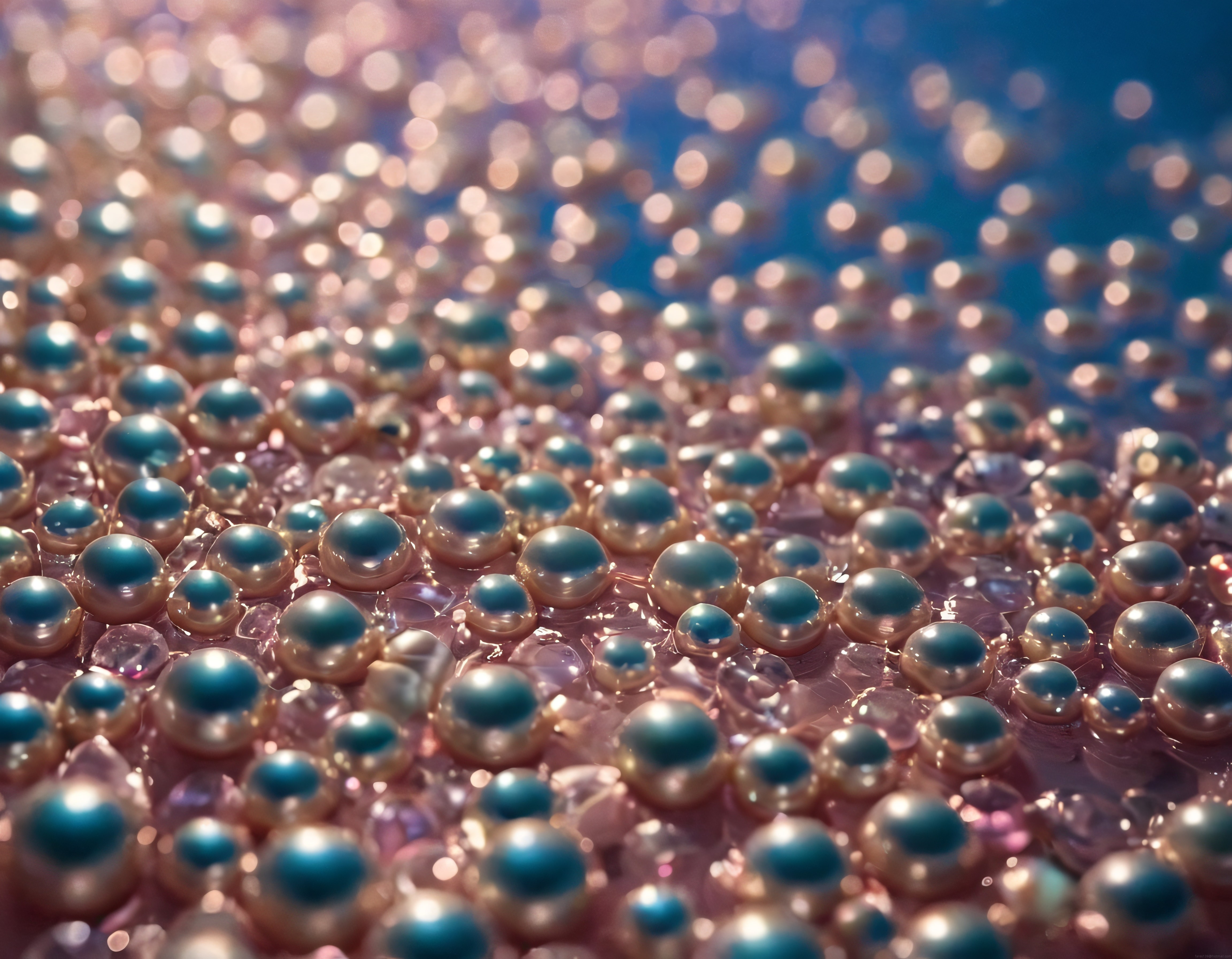 Makro fotoğrafta ışıltılı mavi merkezli boncuklar ve pembe altın bokeh arka plan