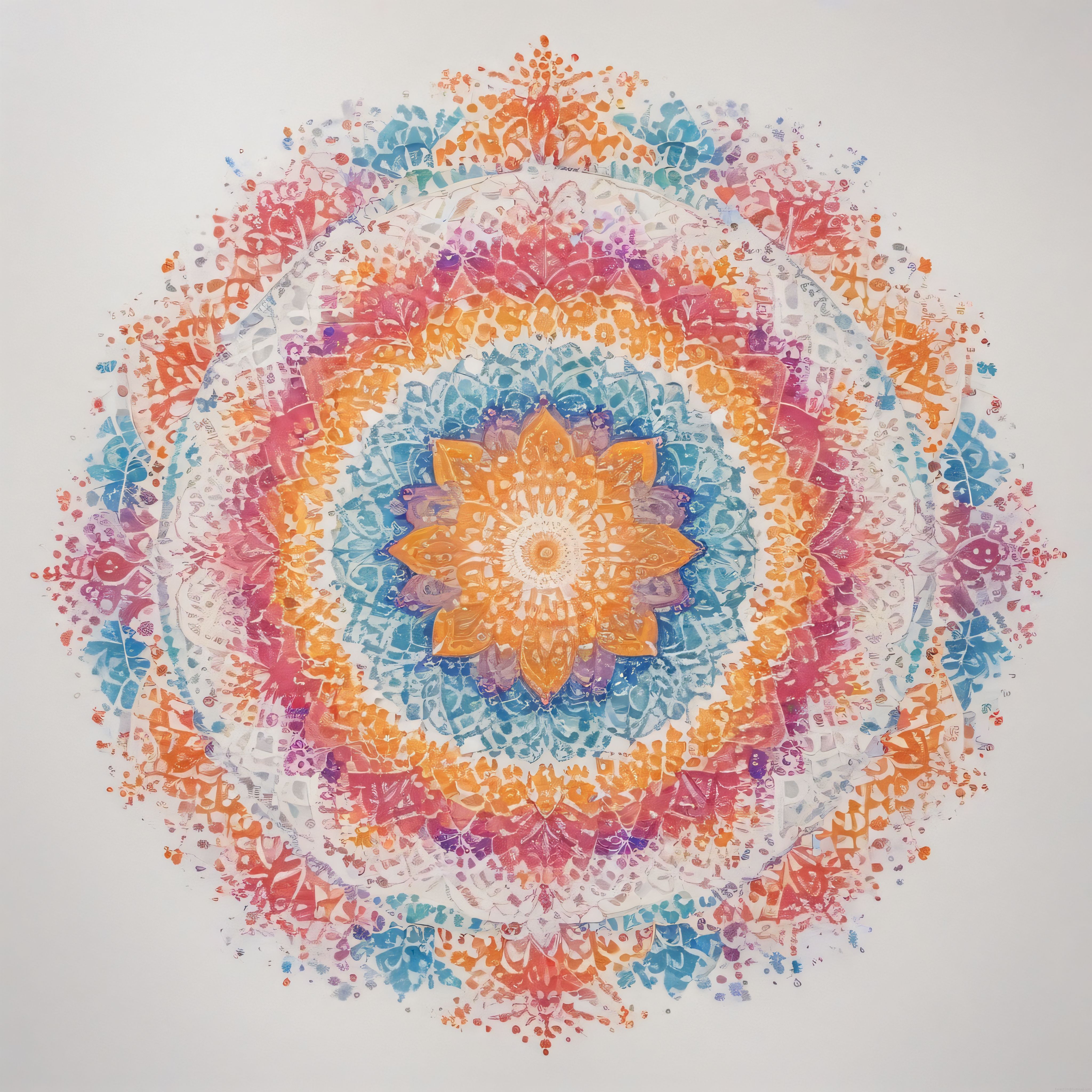 Mandala Sanatı: Suluboya Dokulu Renkli Geometrik Desen ve Çiçek Motifleri