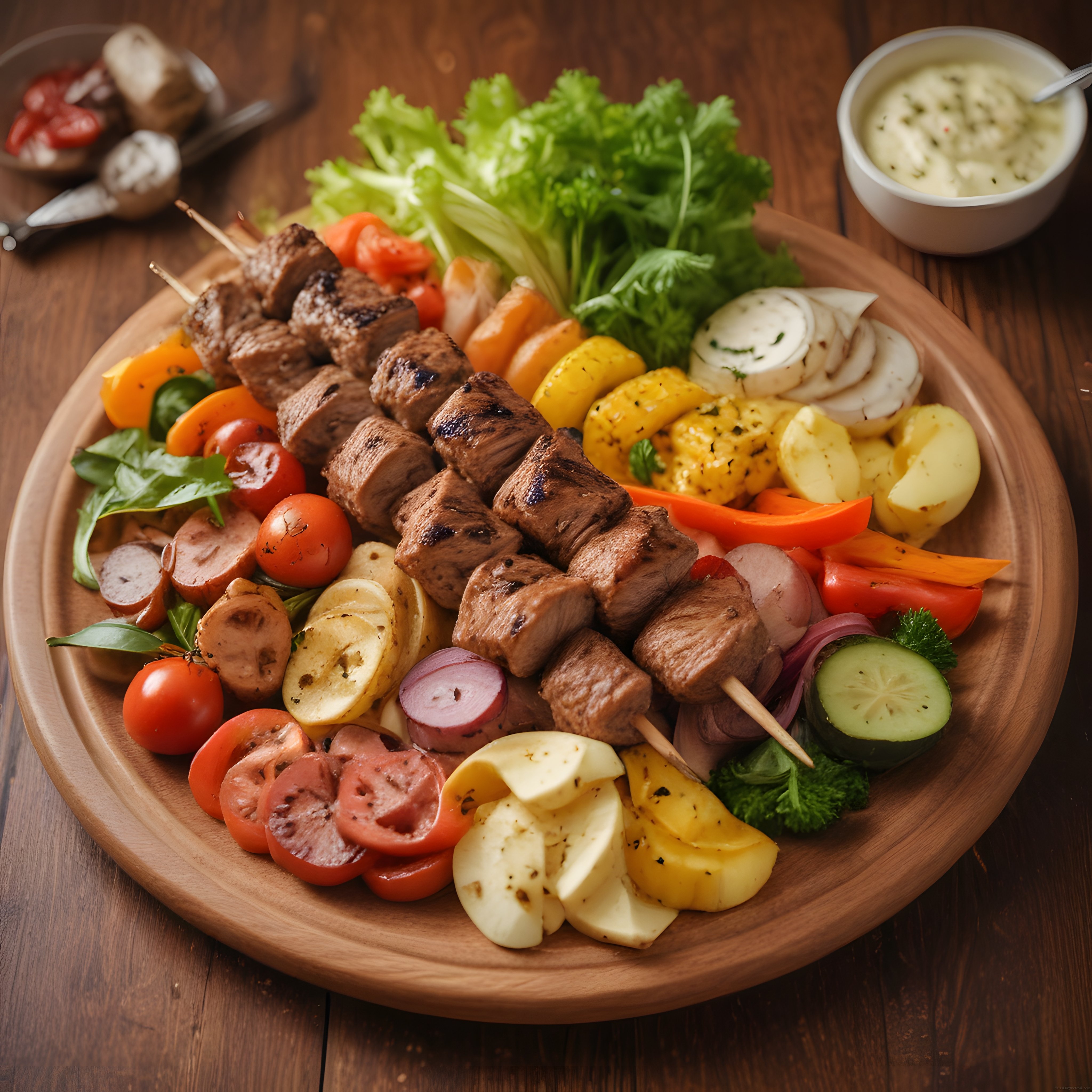 Mangal lezzeti ahşap tepsi üzerinde et şiş ve ızgara sebzelerin uyumu