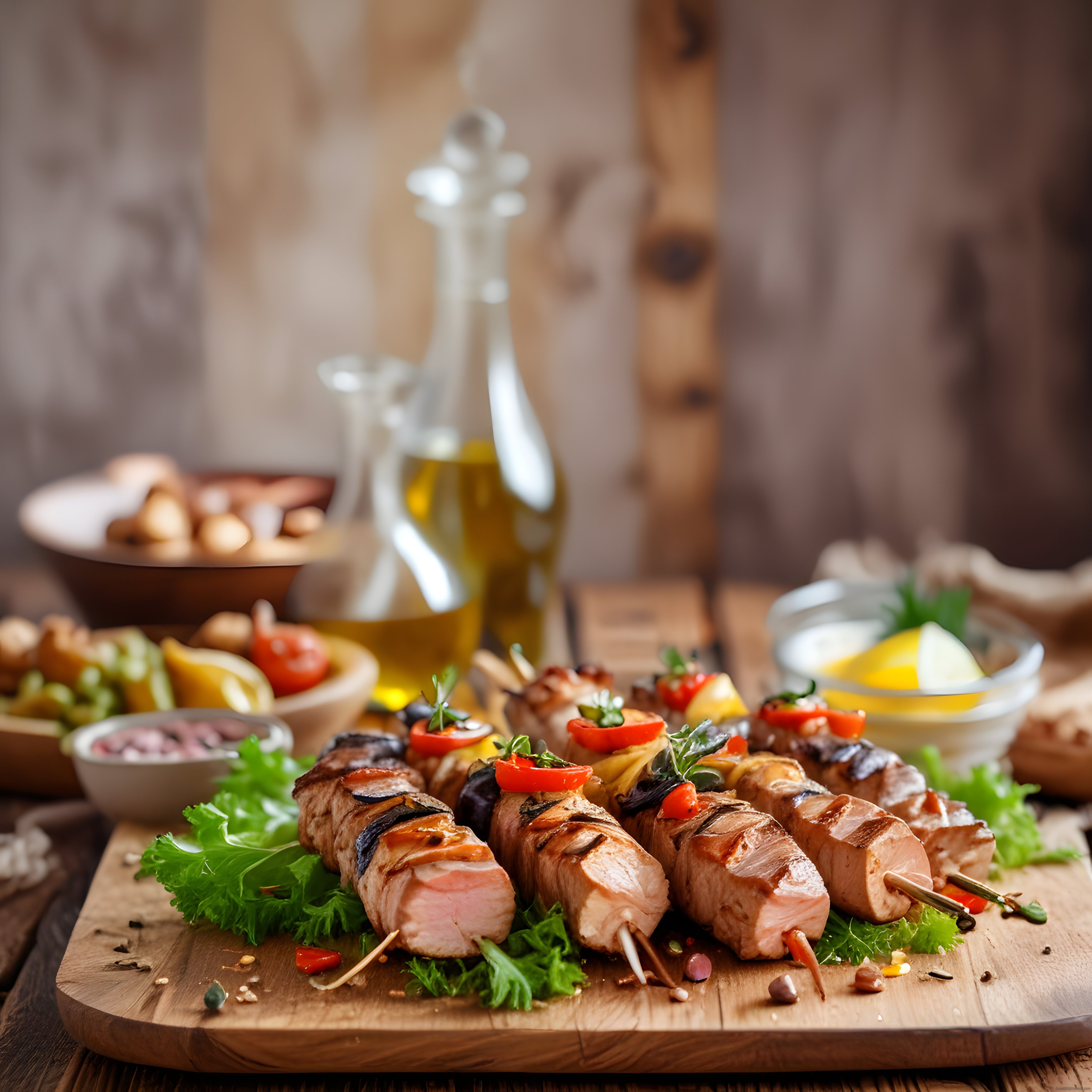 Mangal Tadında Izgara Et Şiş ve Sebzelerle Rustik Mutfak Masası