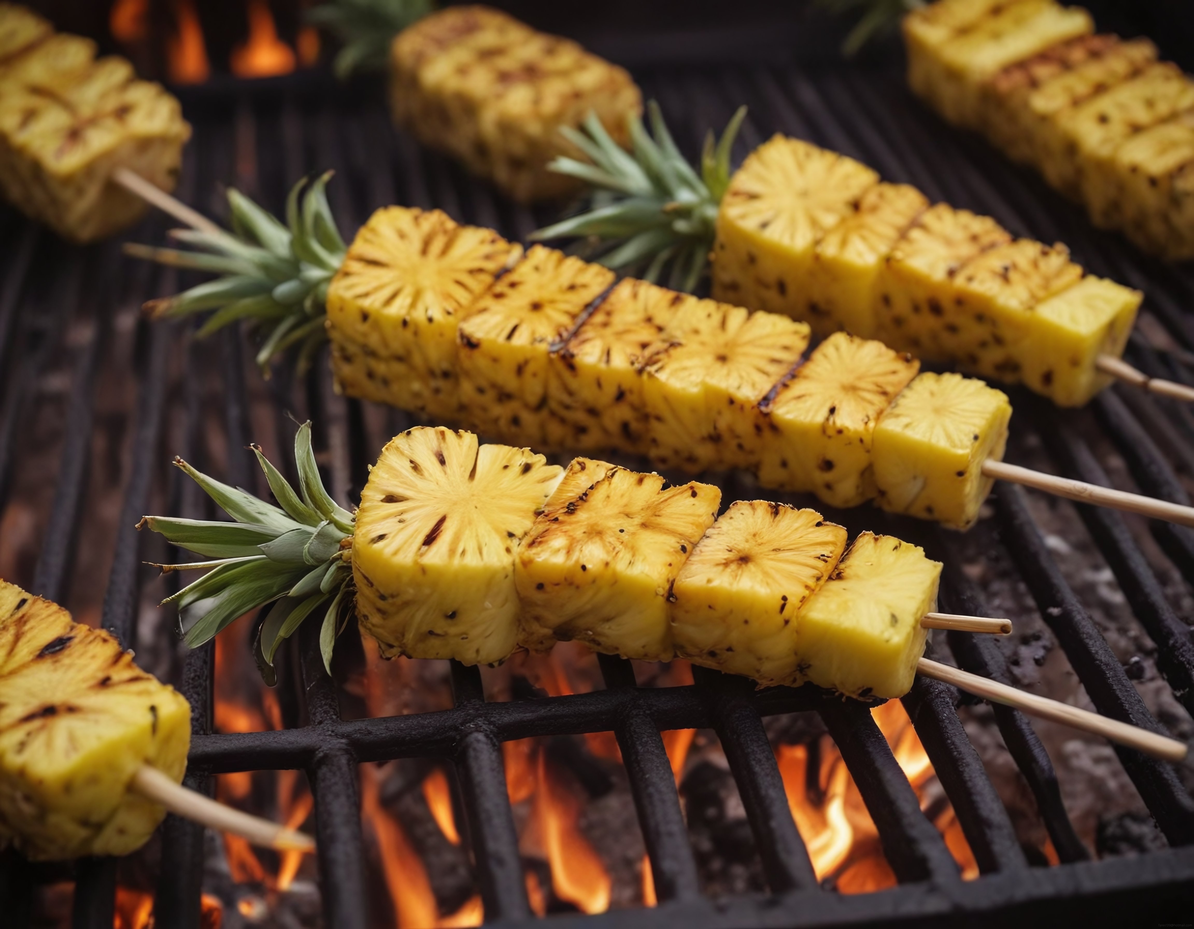 Mangalda közlenmiş ananas şişleri, ateş üzerinde ızgara
