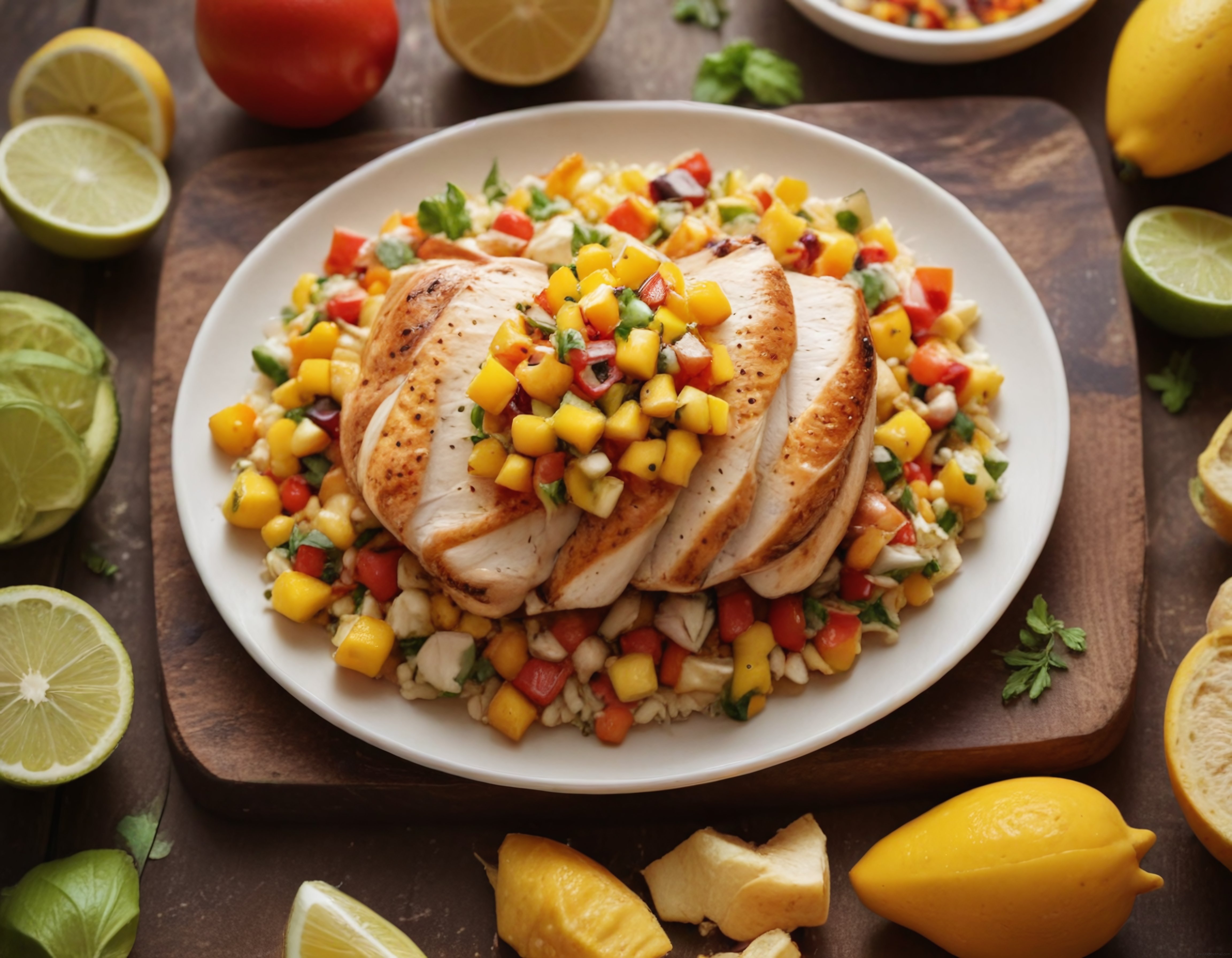 Mango Salsa Soslu Izgara Tavuk Göğsü ve Taze Baharatlı Sebzeli Pilav Sunumu