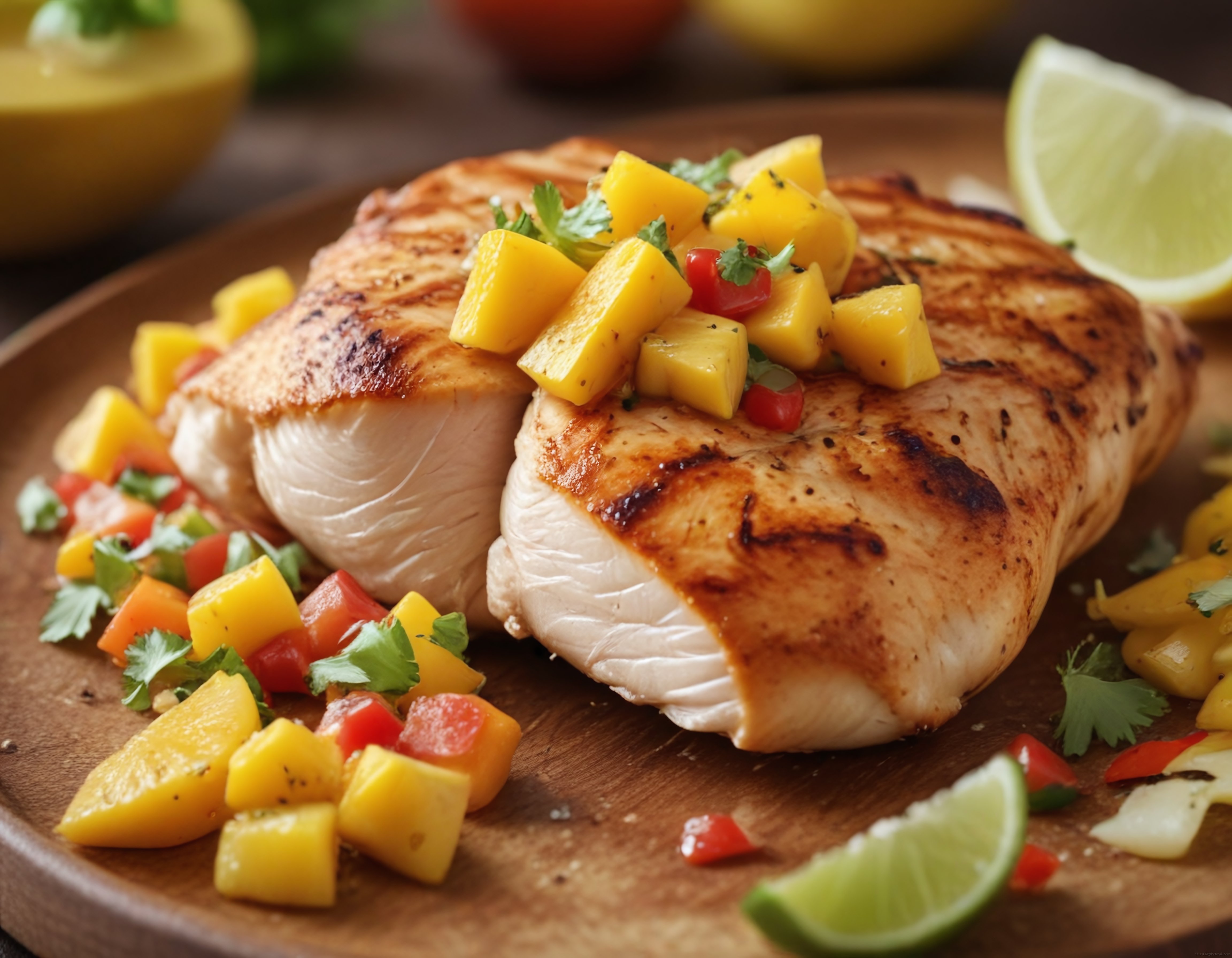 Mango salsalı ızgara tavuk göğsü, limon dilimleri ve kişniş ile servis