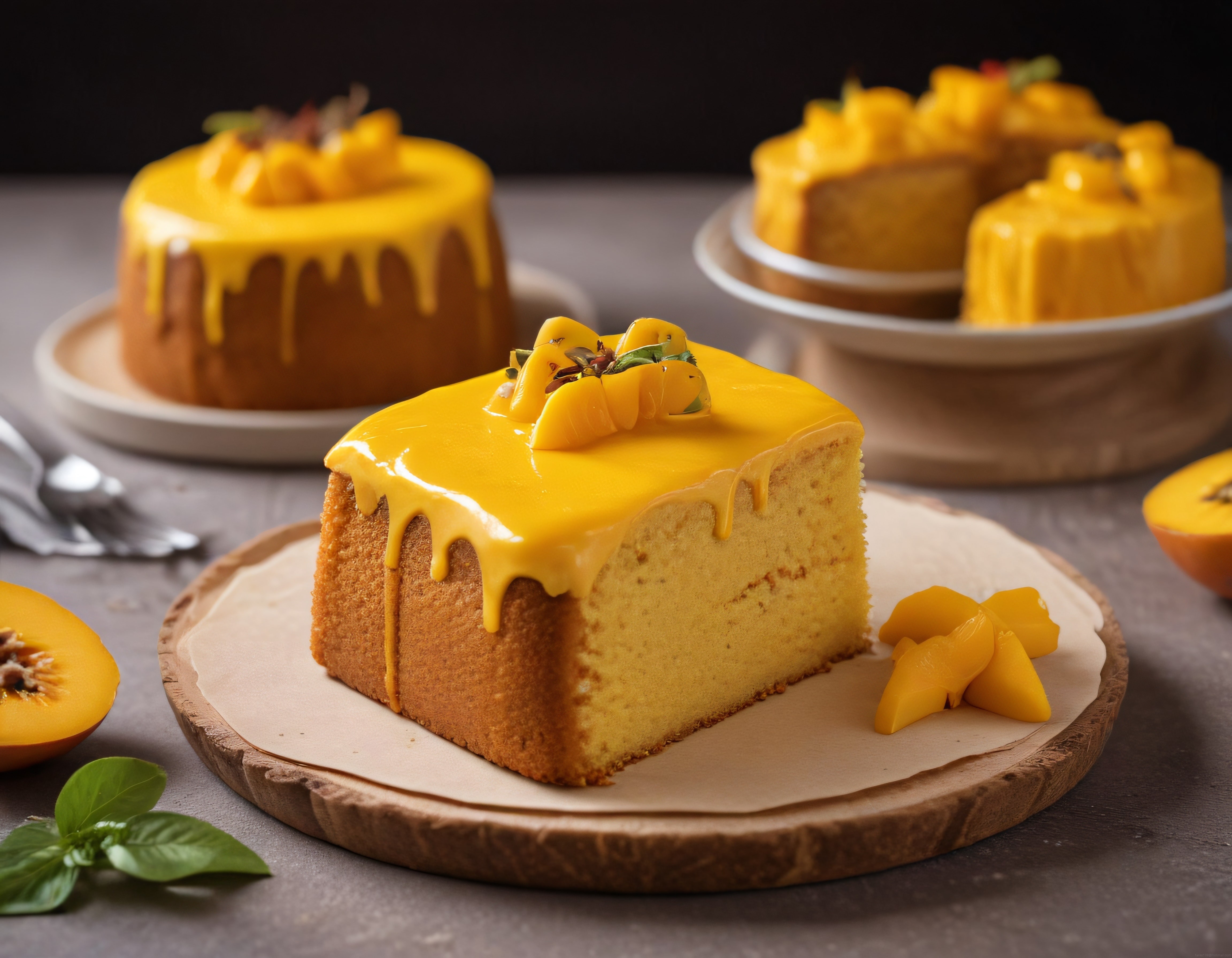 Mango Soslu Yumuşacık Kek Dilimi ve Taze Meyve Süslemeli Tatlı Sunumu
