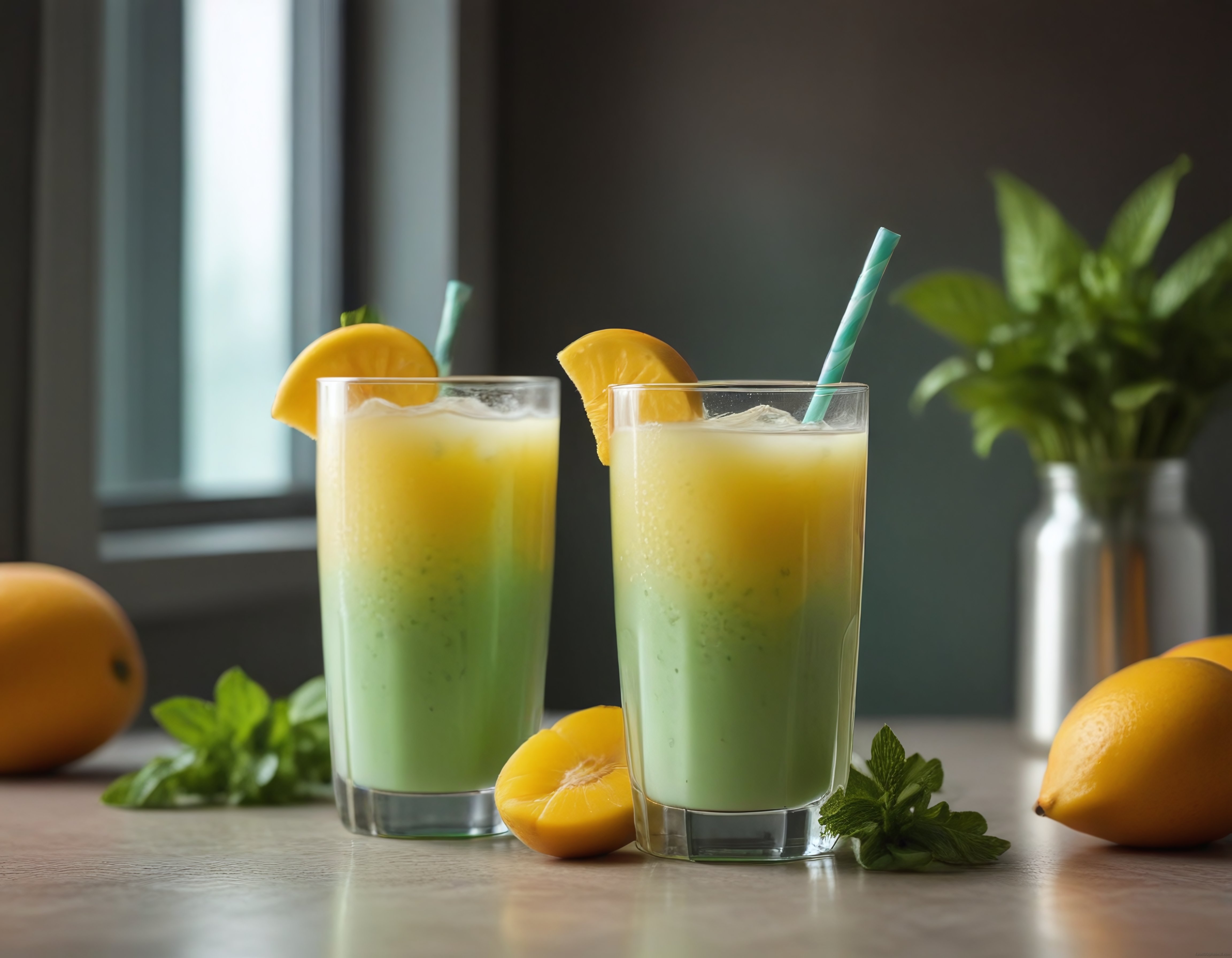 Mango ve Limonlu Taze Naneli Sarı Yeşil Katmanlı İçecek Sunumu