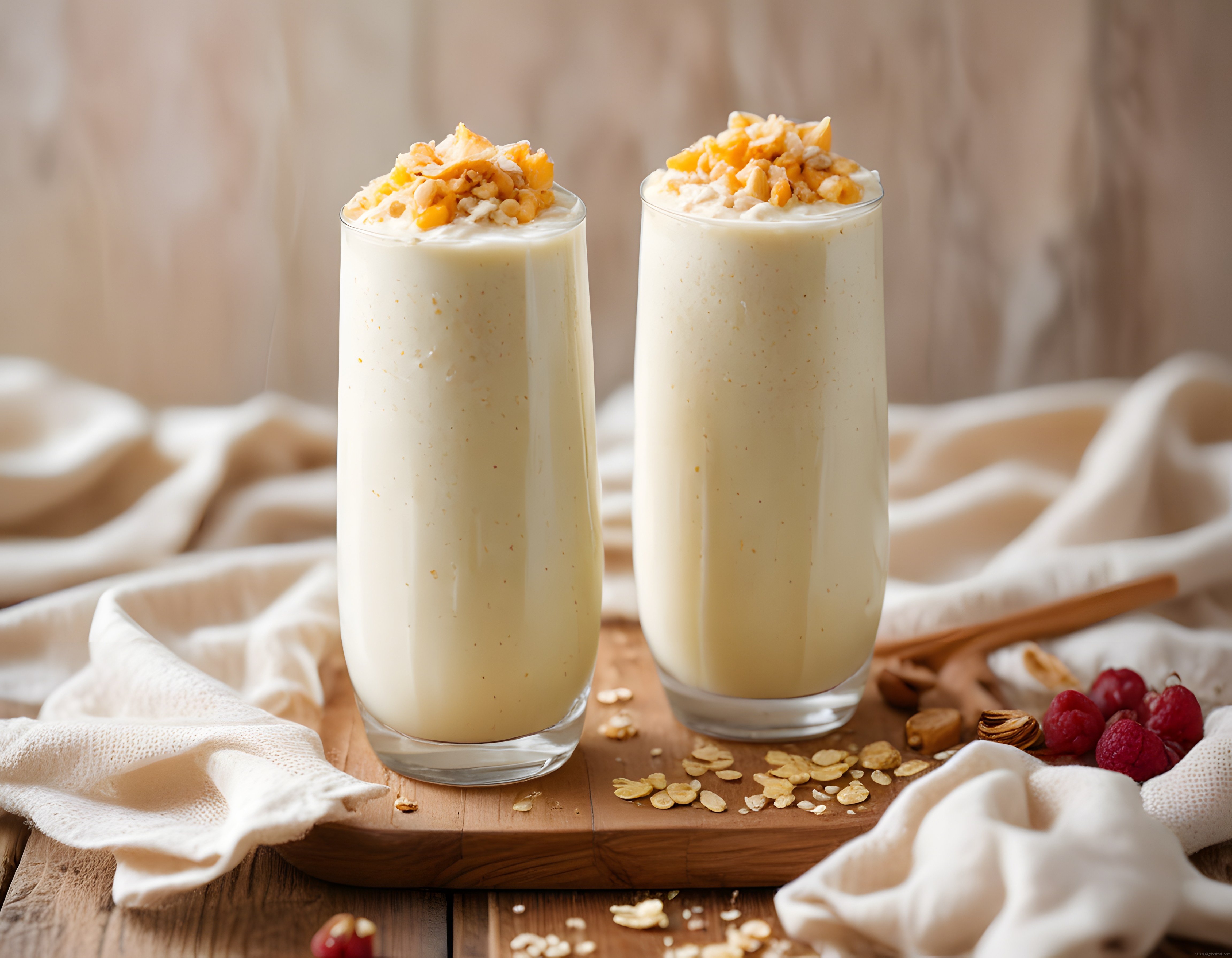 Mangolu ve yulaflı yoğurtlu smoothie sunumu ile sağlıklı kahvaltı konsepti