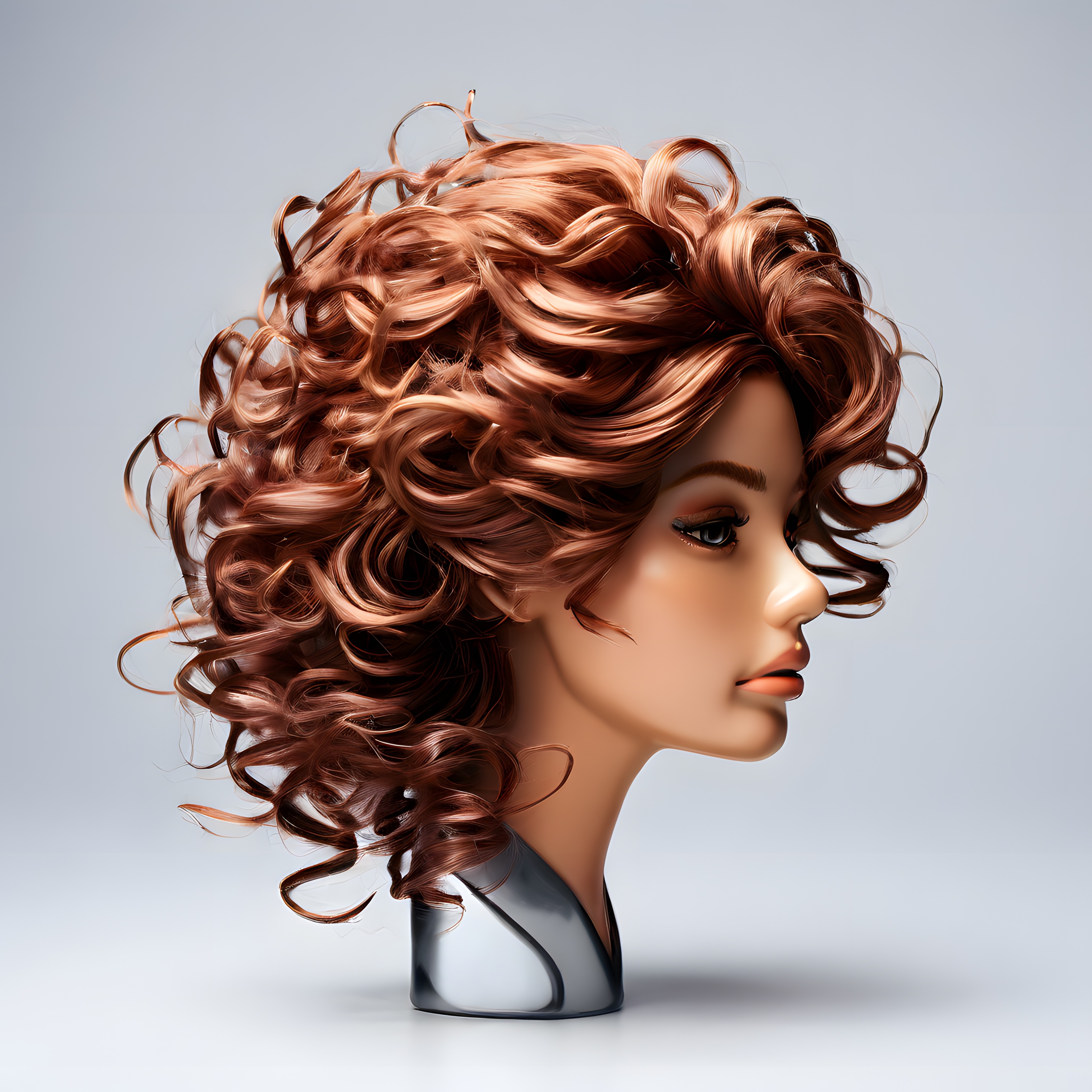 Manken Üzerinde Hacimli Bakır Kıvırcık Saç: Elegan Updo ve Dalgalı Tutamlar