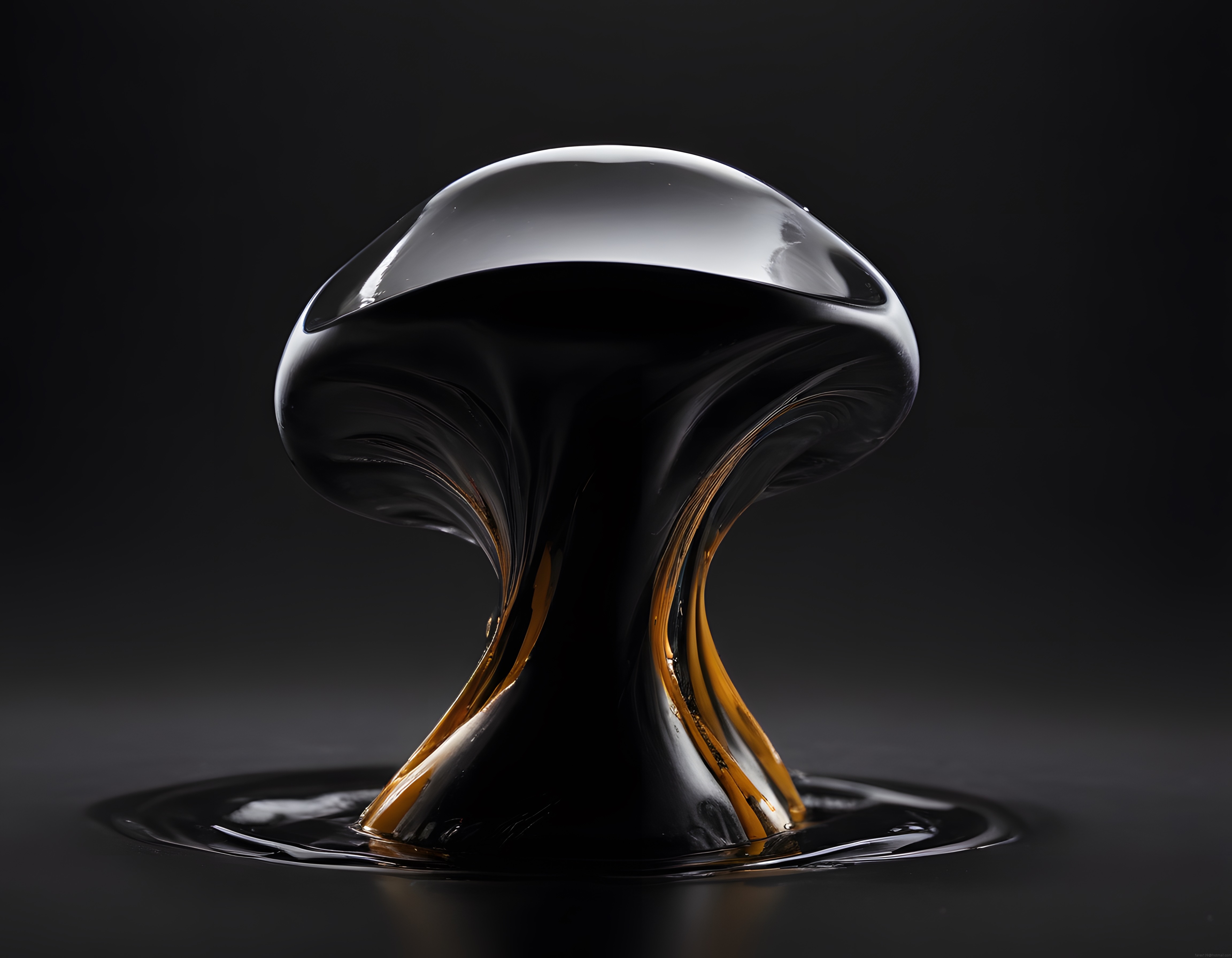 Mantar Formlu Amber ve Siyah Parıltılı Soyut Cam Dijital Sanat Yansıması