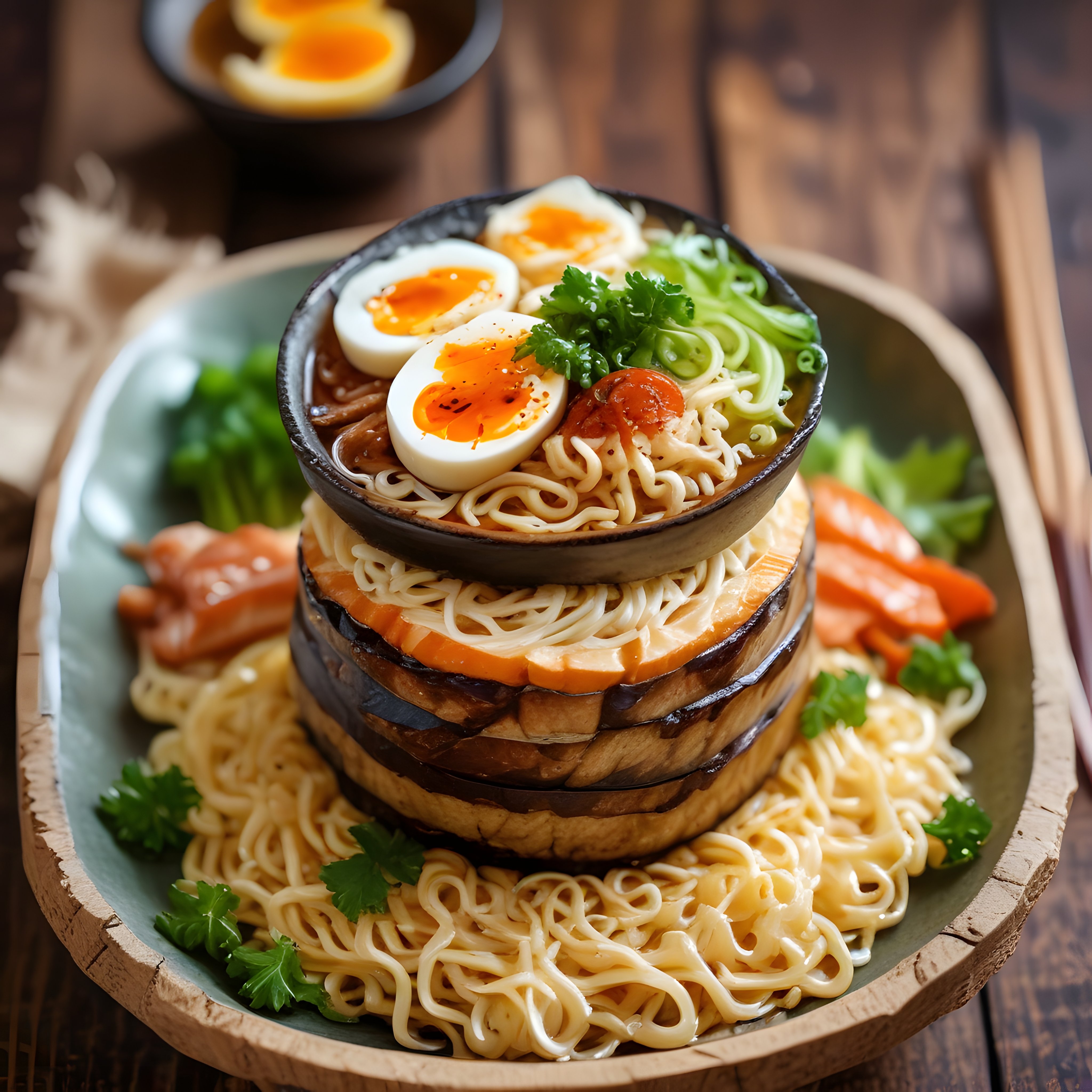 Mantar Kasesinde Noodle Sunumu: Yarı Haşlanmış Yumurtalı Göz Alıcı Ramen