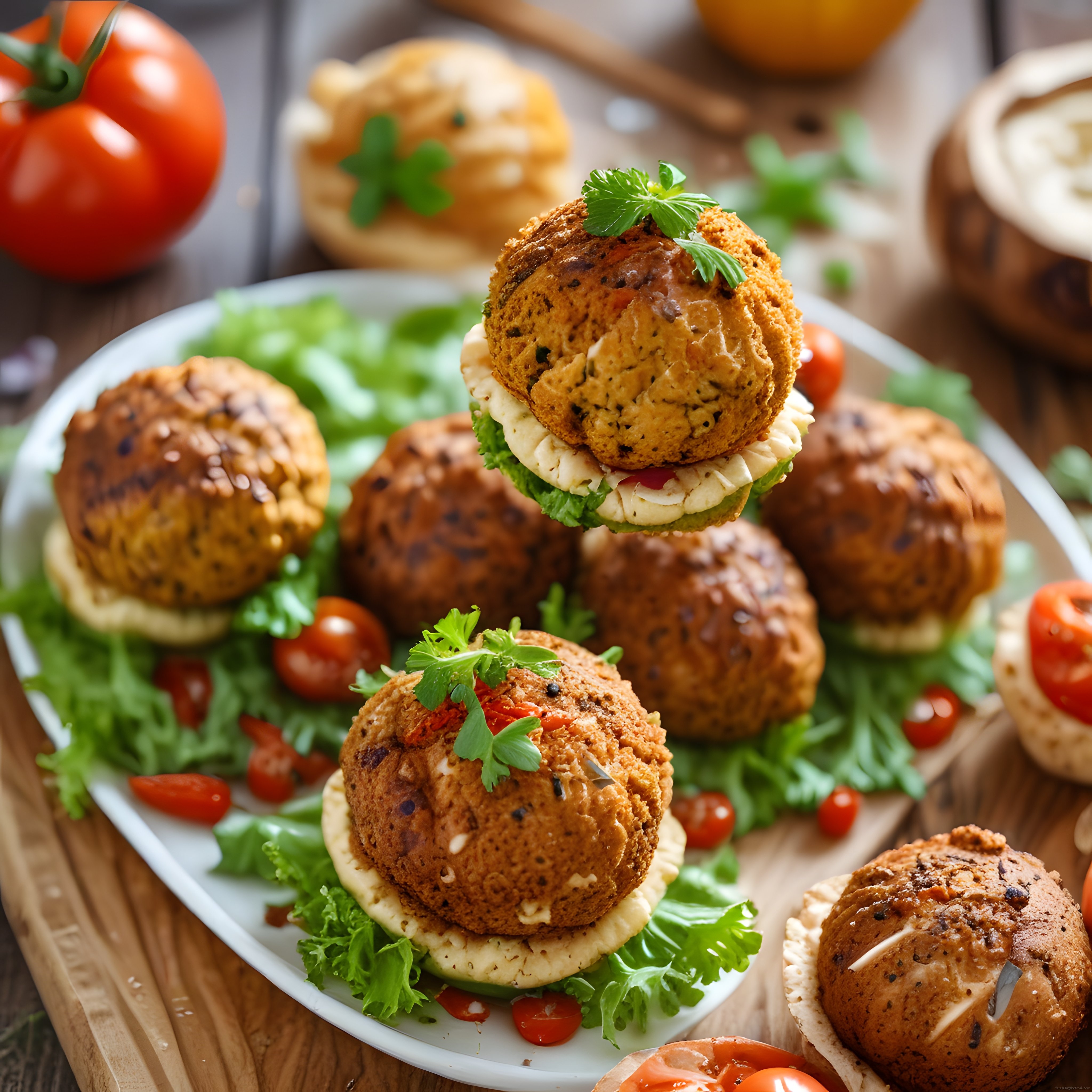Mantar şeklinde sunum yapılmış mini gurme burgerler ve taze sebzeler