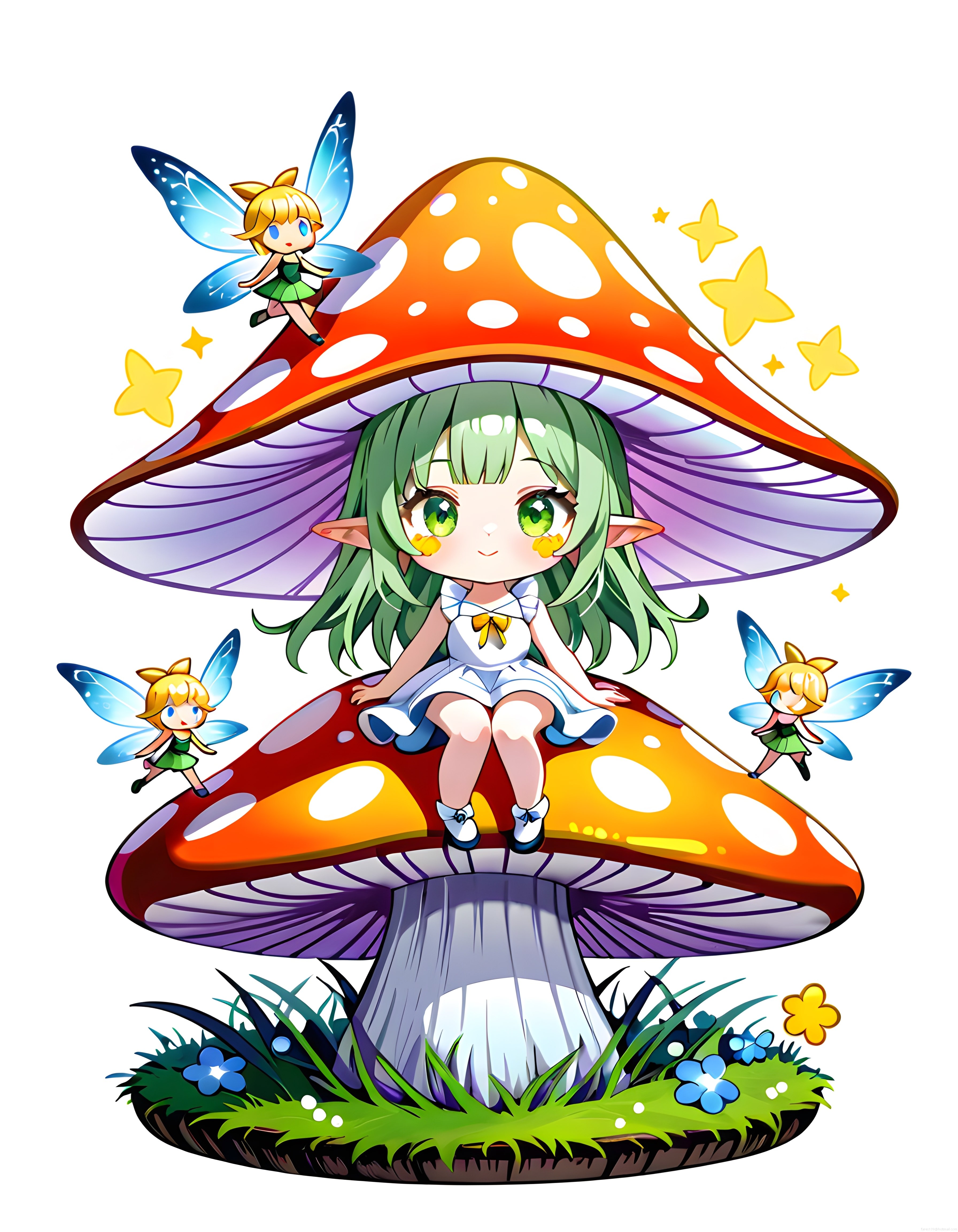 Mantarın Üzerinde Oturan Yeşil Saçlı Sevimli Anime Elf Kızı ve Periler
