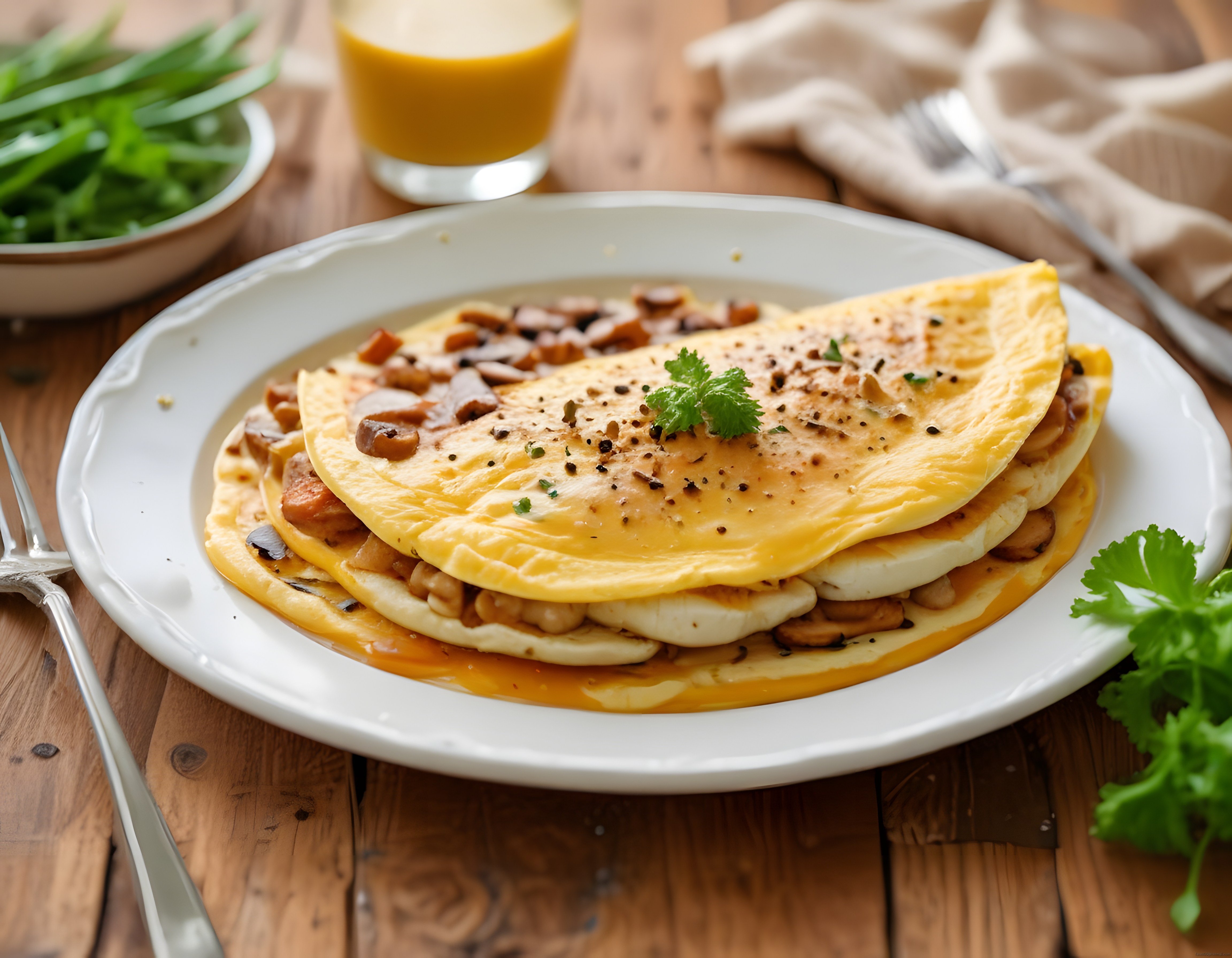 Mantarlı Peynirli Kat Kat Omlet ve Portakal Suyuyla Zengin Kahvaltı