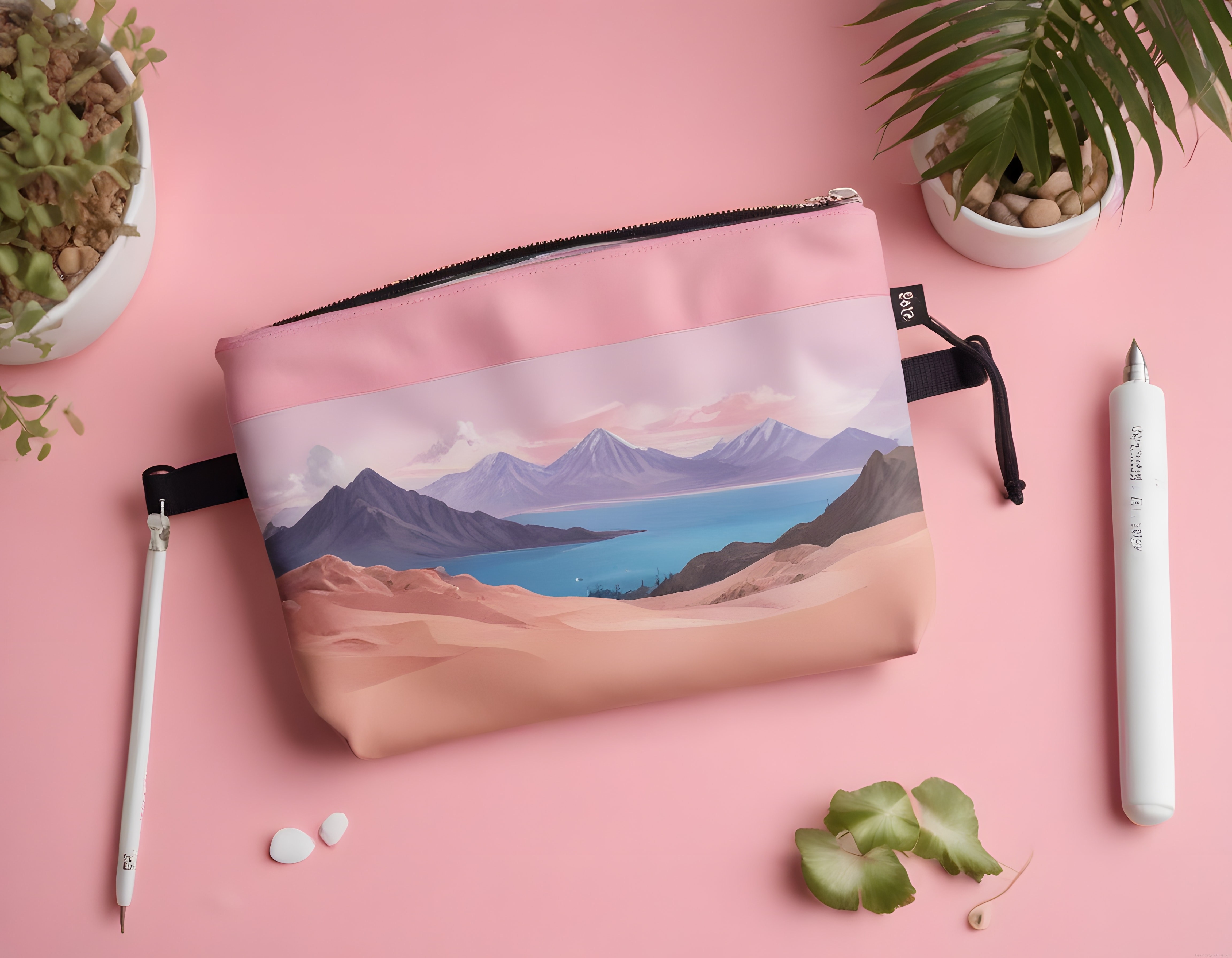 Manzara baskılı pembe clutch ile bitkili estetik flat lay masa düzenlemesi