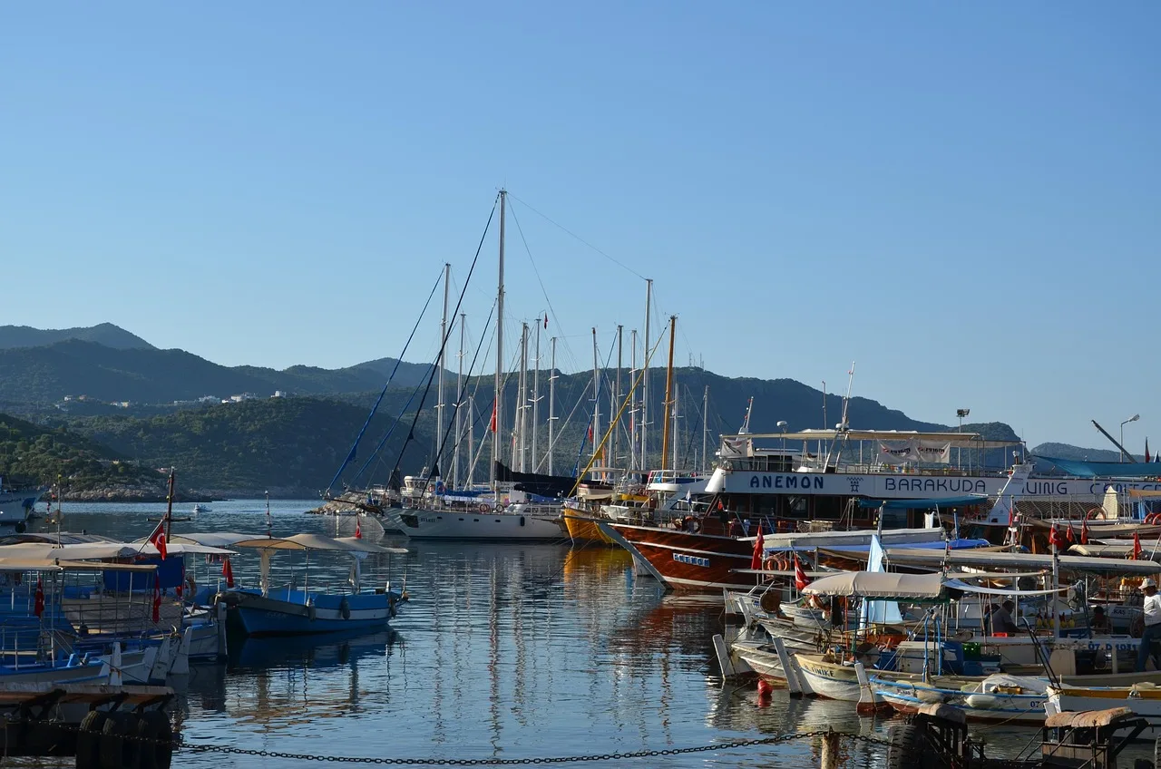 Marina manzaralı yelkenli tekneler - deniz ve dağ