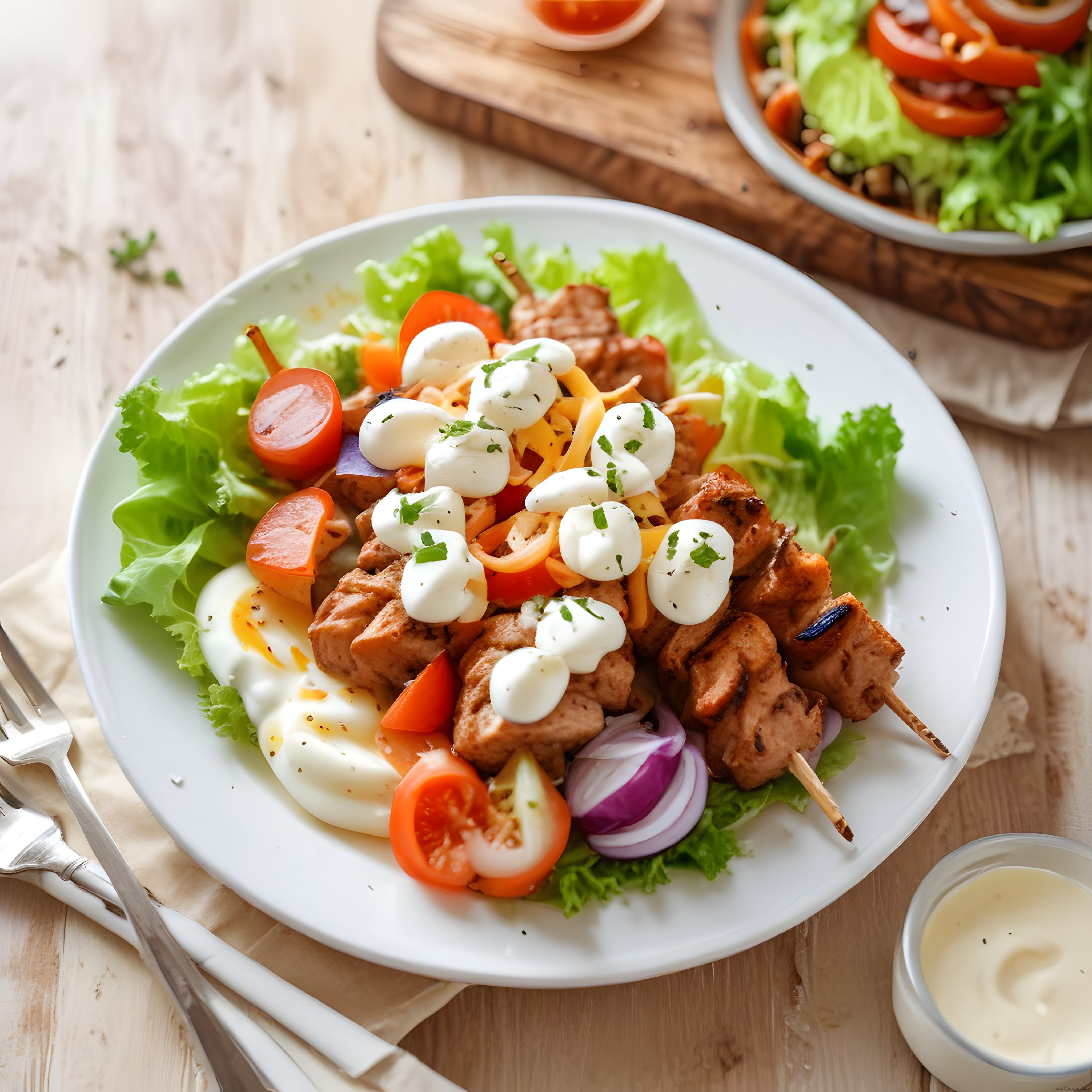 Marine edilmiş şiş kebap ve mozarellalı zengin salata tabağı