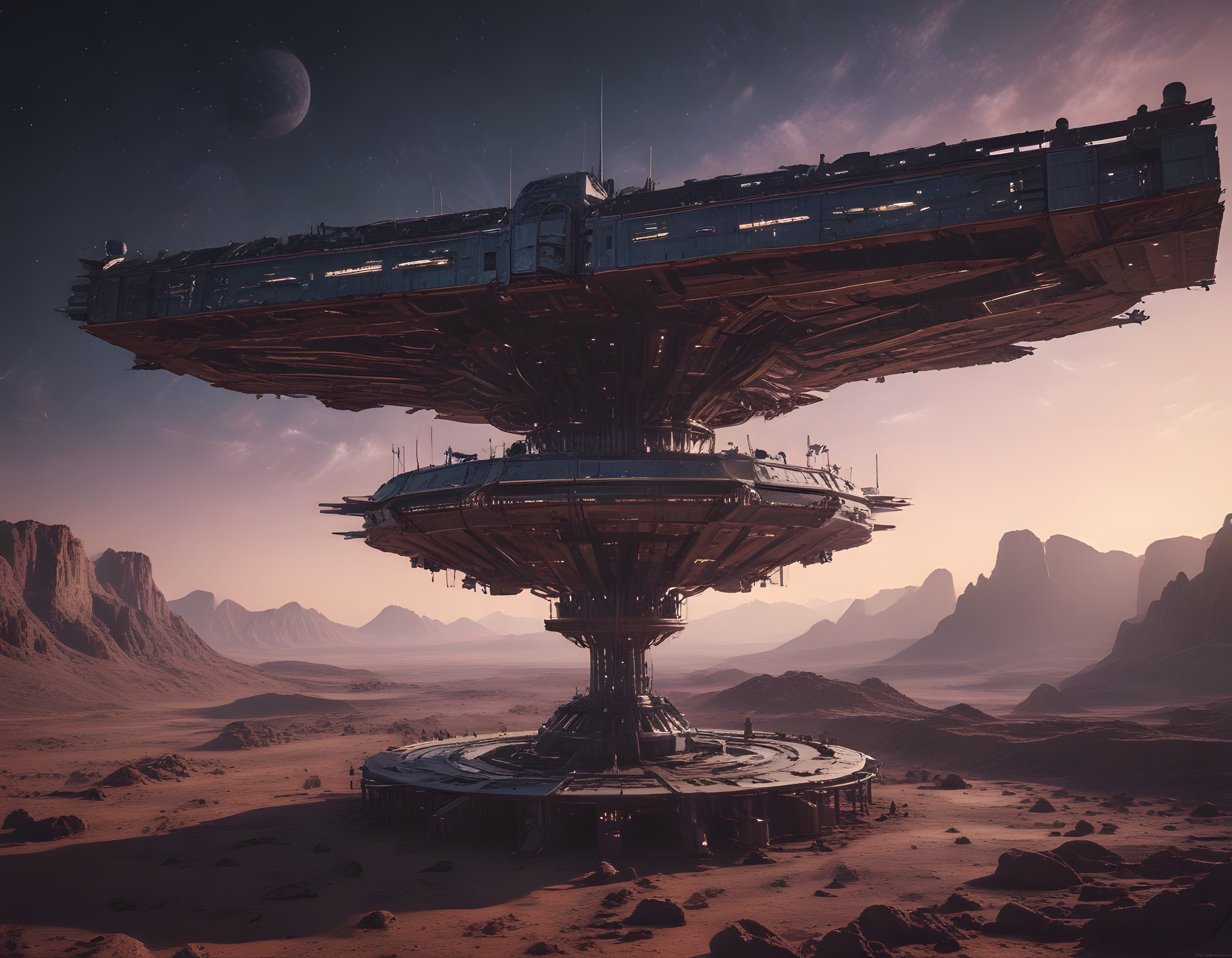 Mars Benzeri Gezegende Gün Batımı Işığında Devasa Uzay İstasyonu