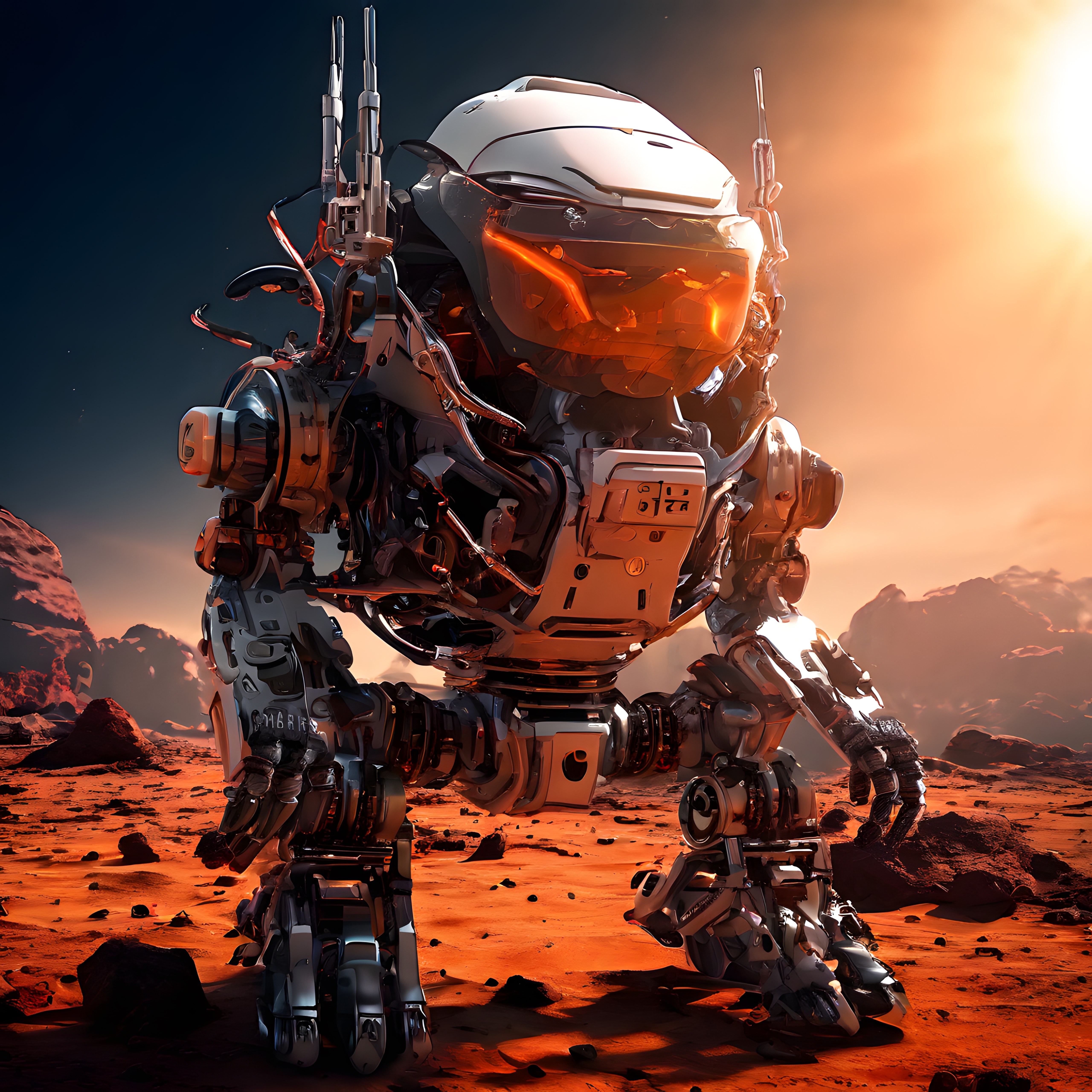 Mars Yüzeyinde Geleceğin İleri Teknoloji Mecha Astronot ve Uzay Robotu