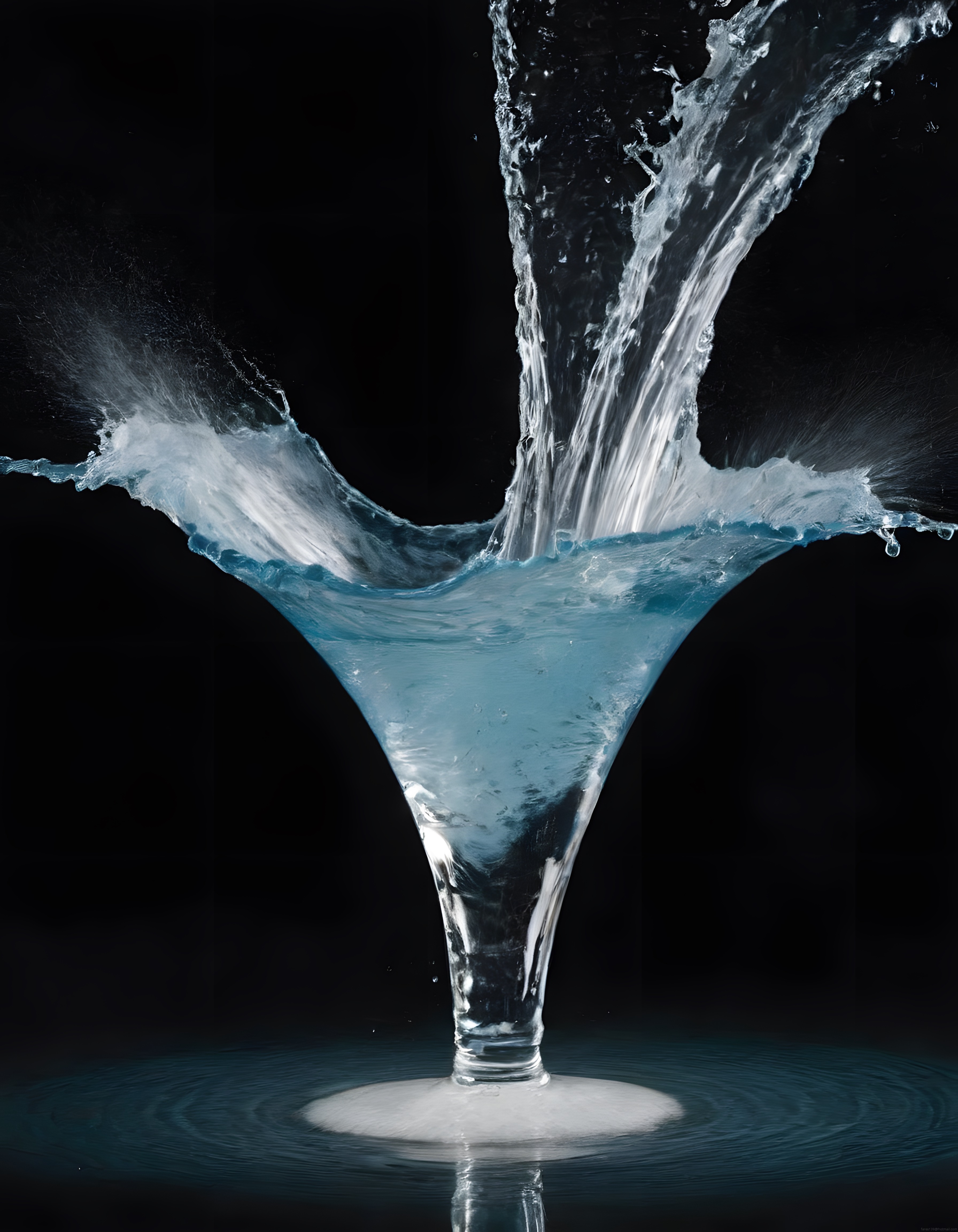 Martini bardağına dökülen mavi suyun büyüleyici splash anı ve siyah arka plan