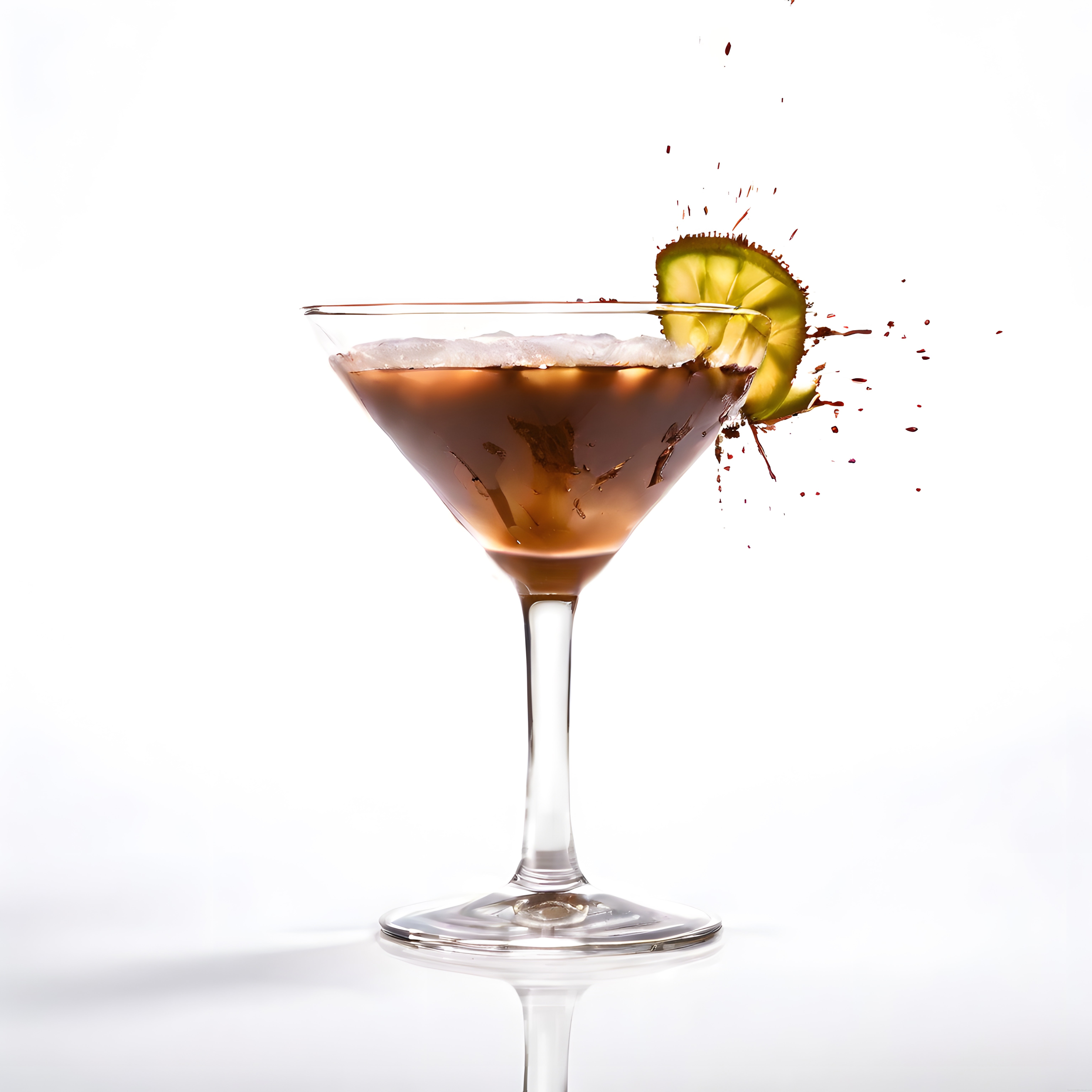 Martini Bardağında Limon Süslemeli Kahverengi Kokteyl ve Sıçrama Anı