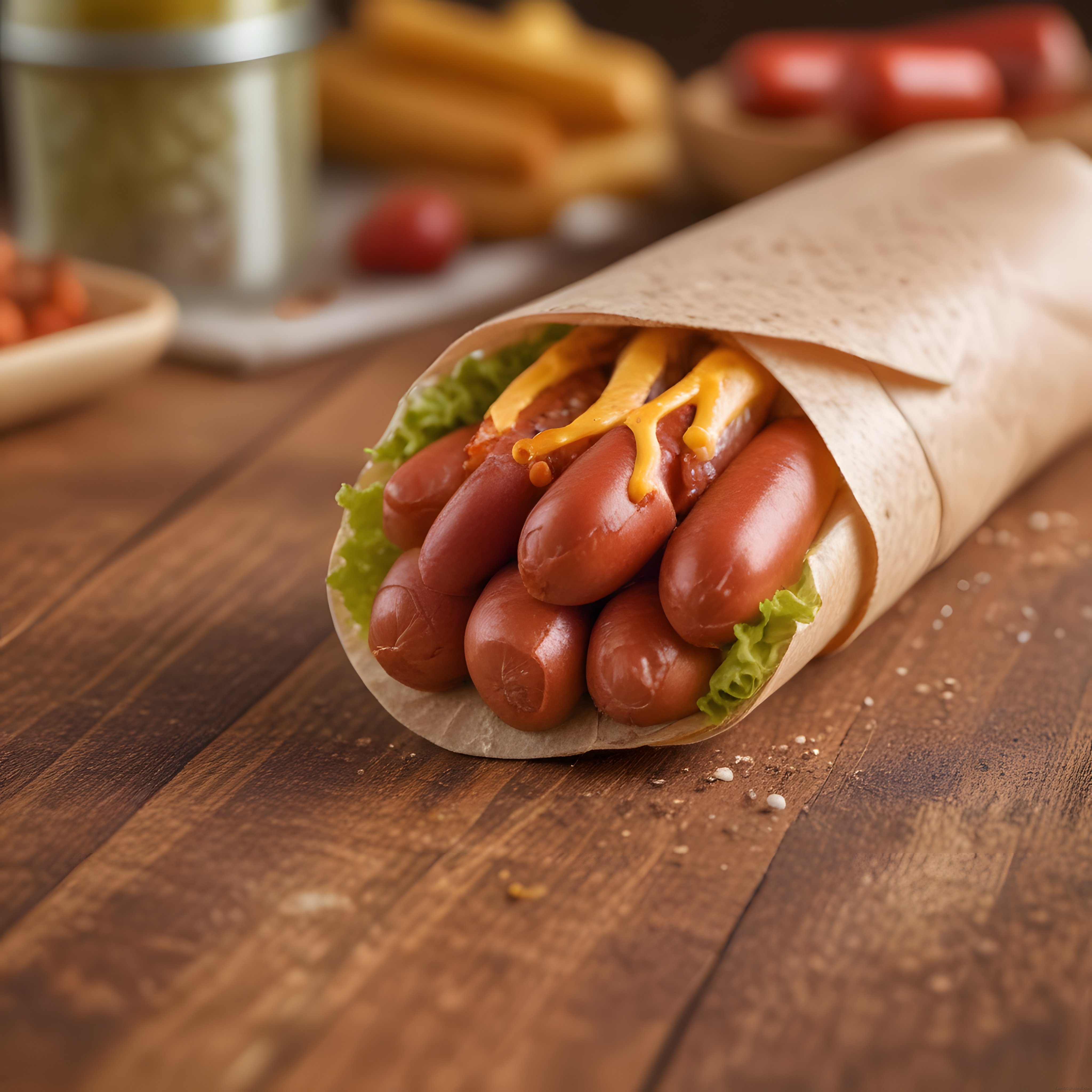 Marul ve cheddar soslu kağıda sarılmış sosisli sokak lezzeti fotoğrafı