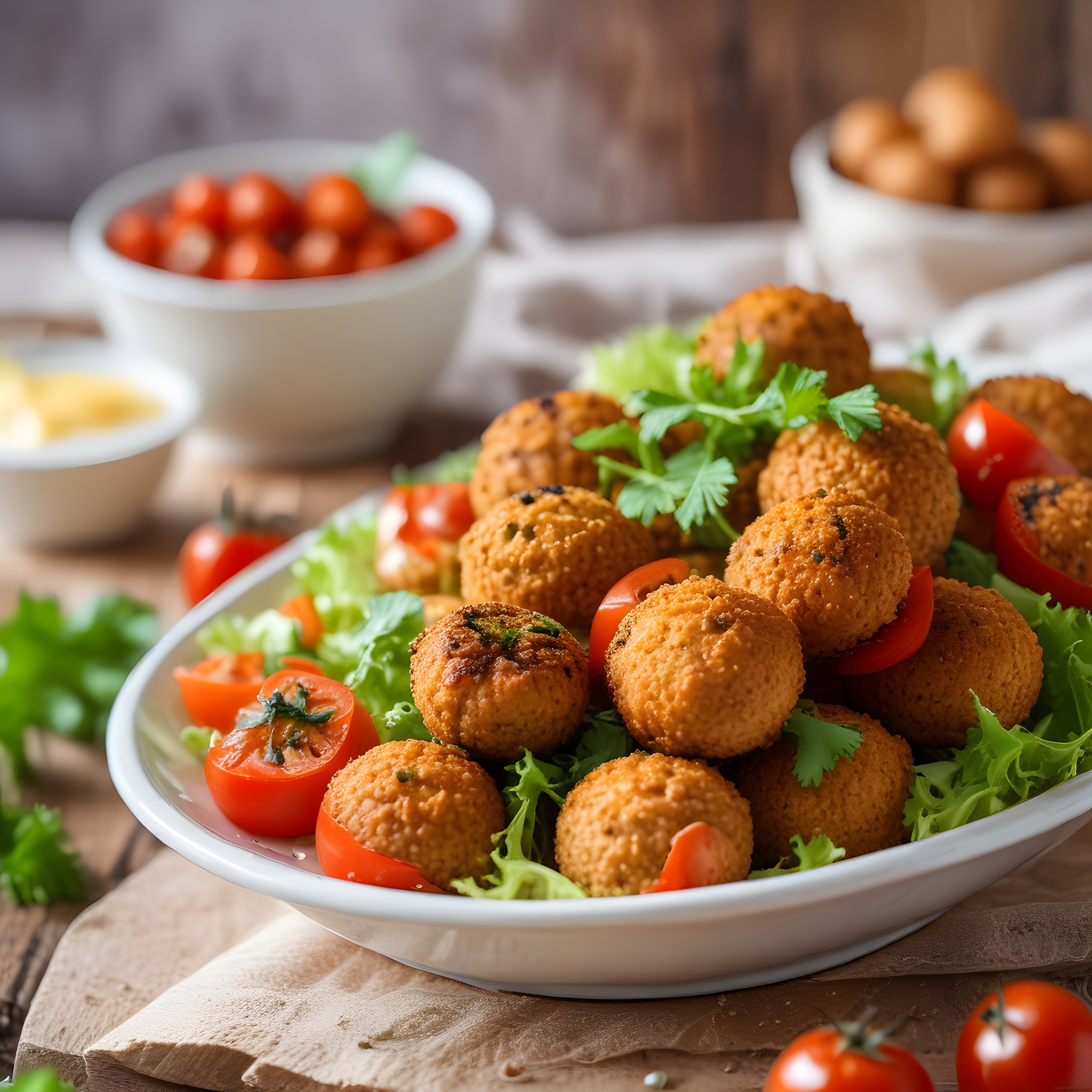 Marul ve domates eşliğinde servis edilmiş kızarmış falafel topları