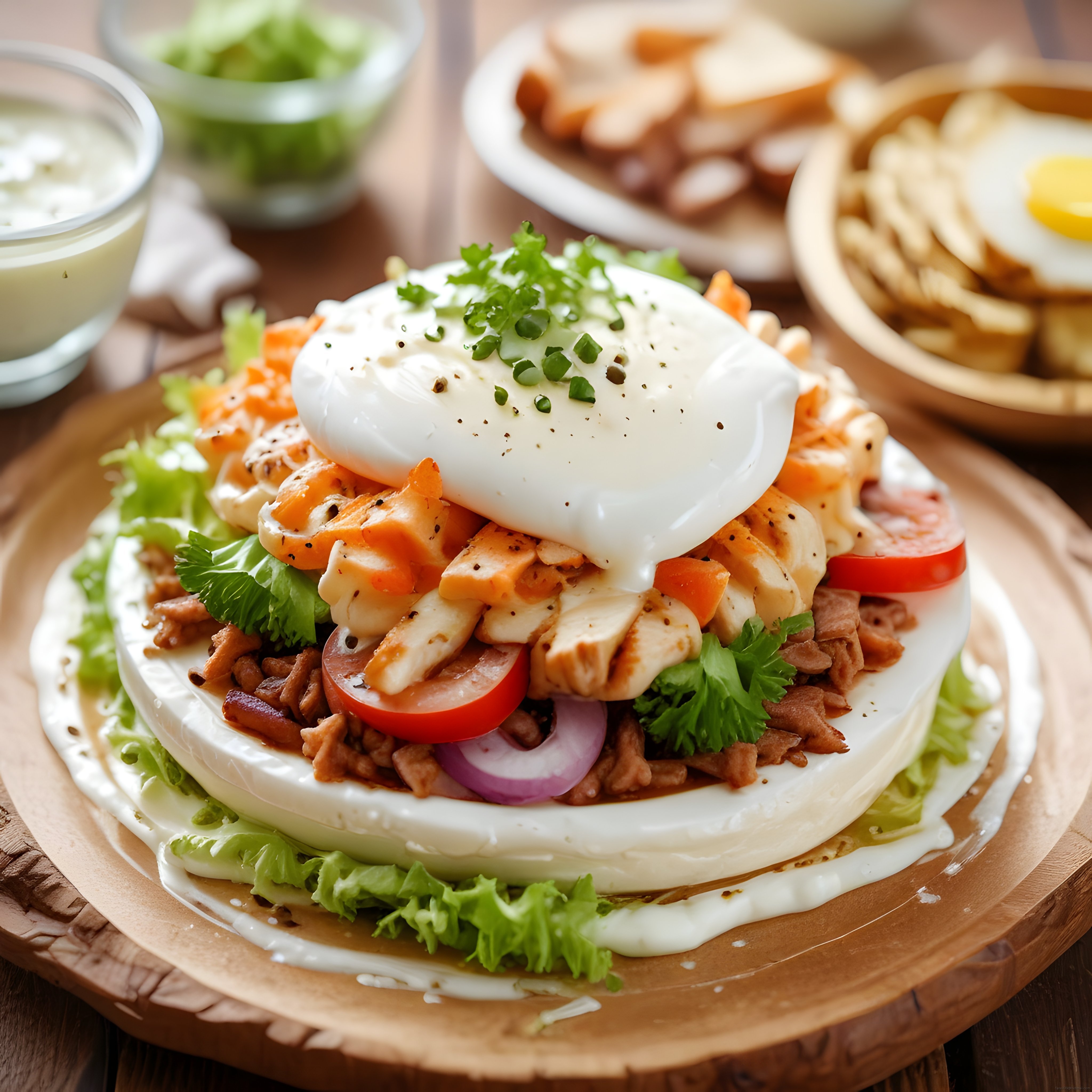 Marul yatağında tavuk, domates ve poşe yumurtalı sağlıklı katmanlı salata
