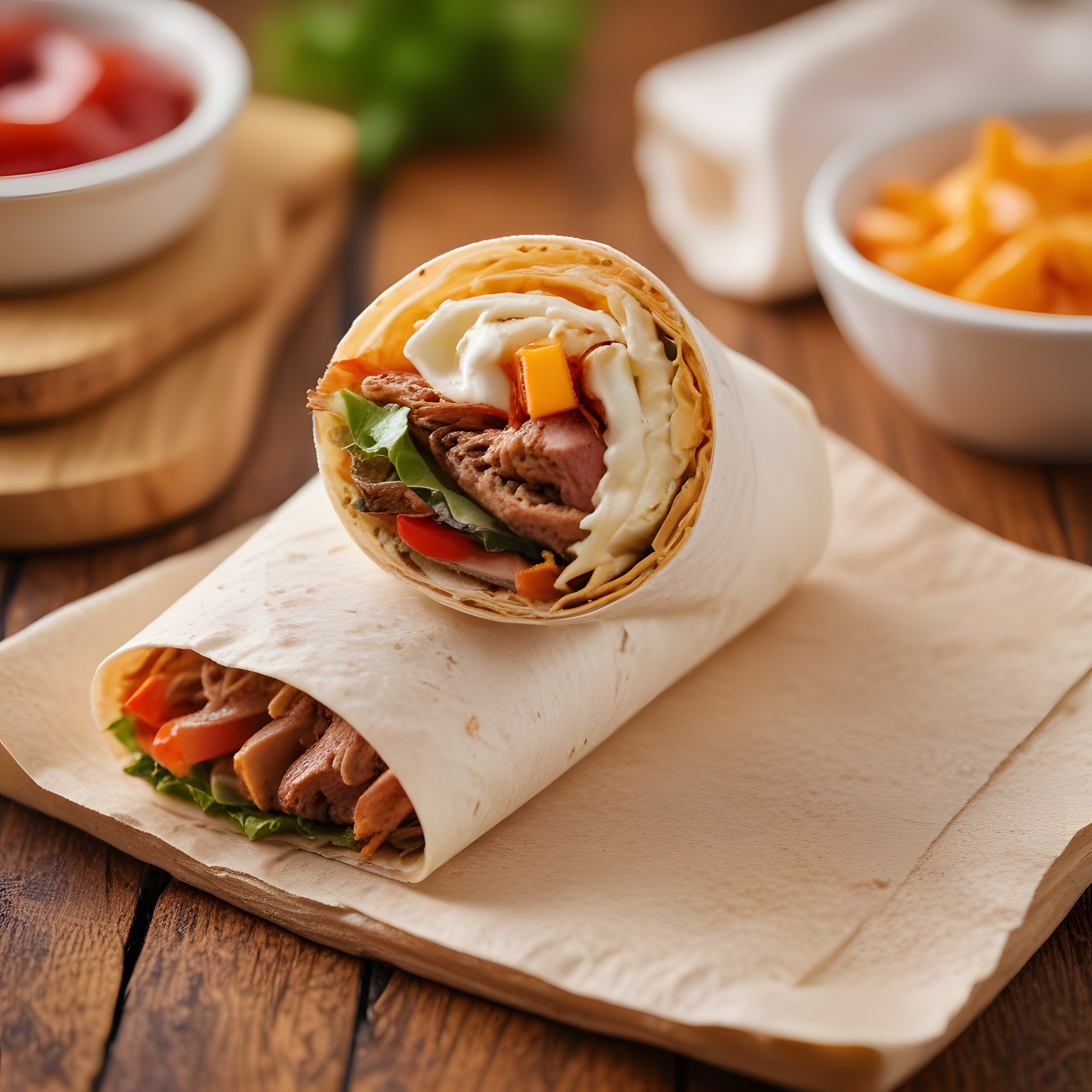Marullu domatesli ve ızgara etli kremalı cheddar soslu taze wrap sunumu