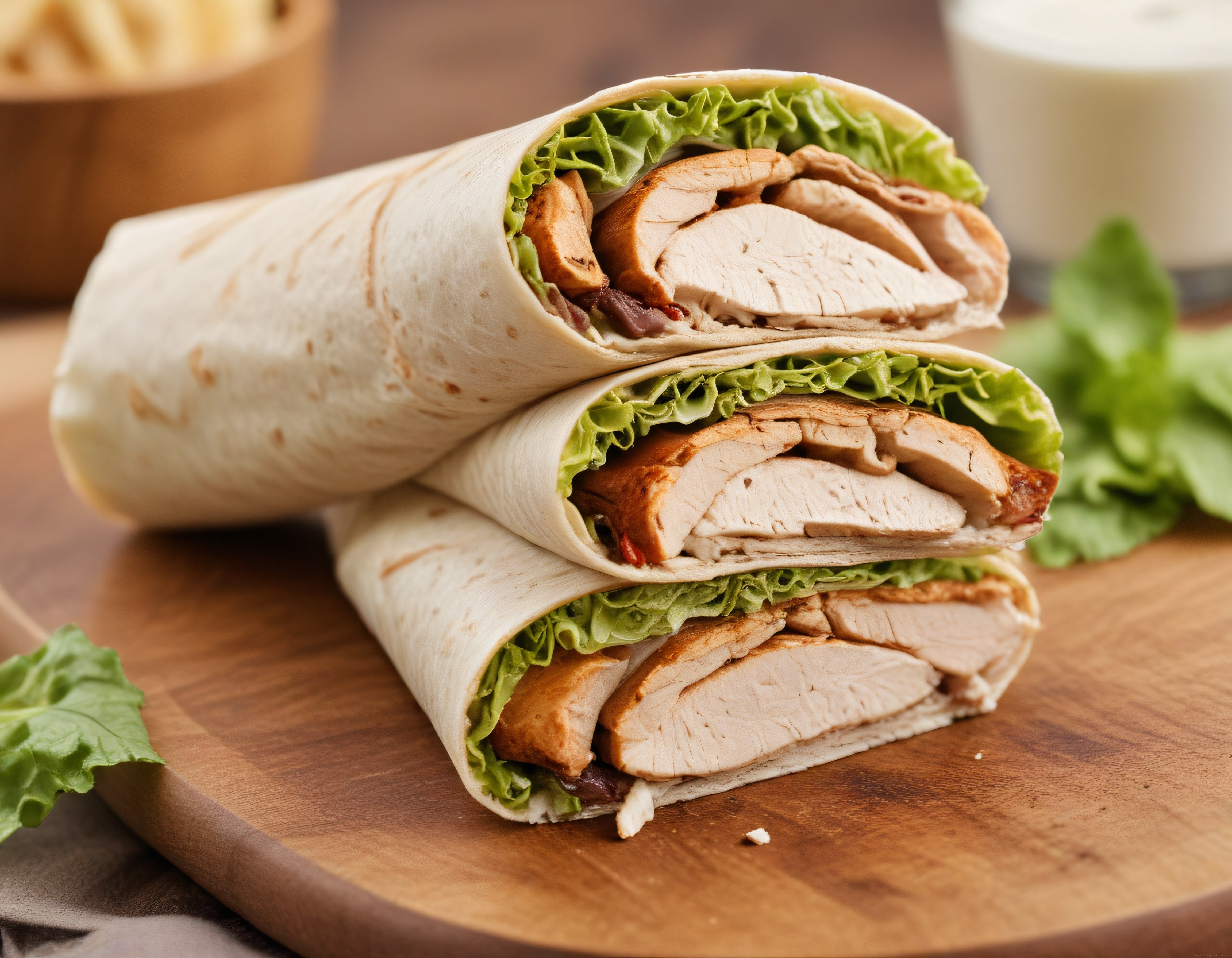 Marullu Tavuk Wrap Dilimlerinin Ahşap Tahta Üzerinde Gurme Sunumu