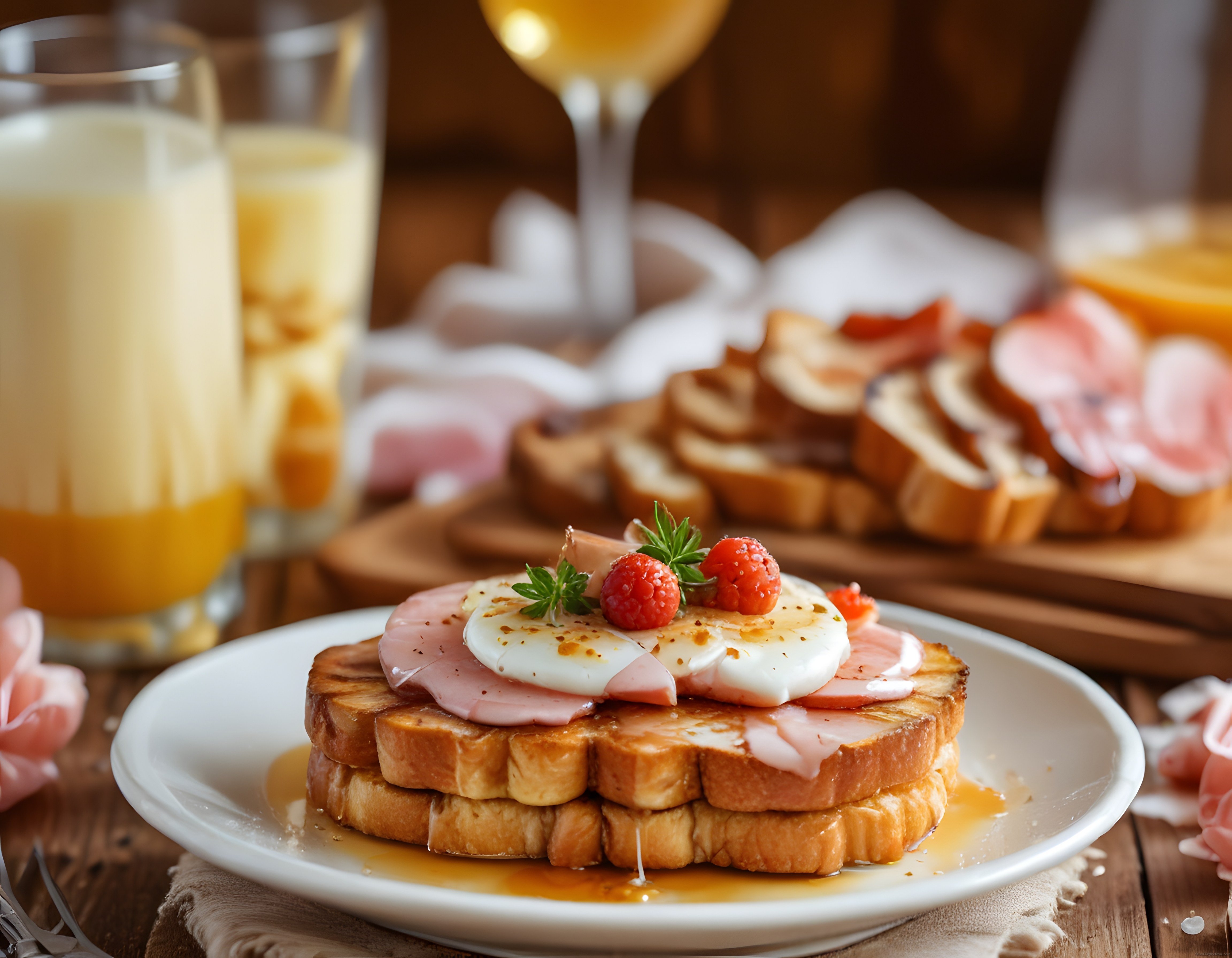 Masada bal süzülen Fransız tostu, yumurta ve taze meyvelerle şık brunch sunumu