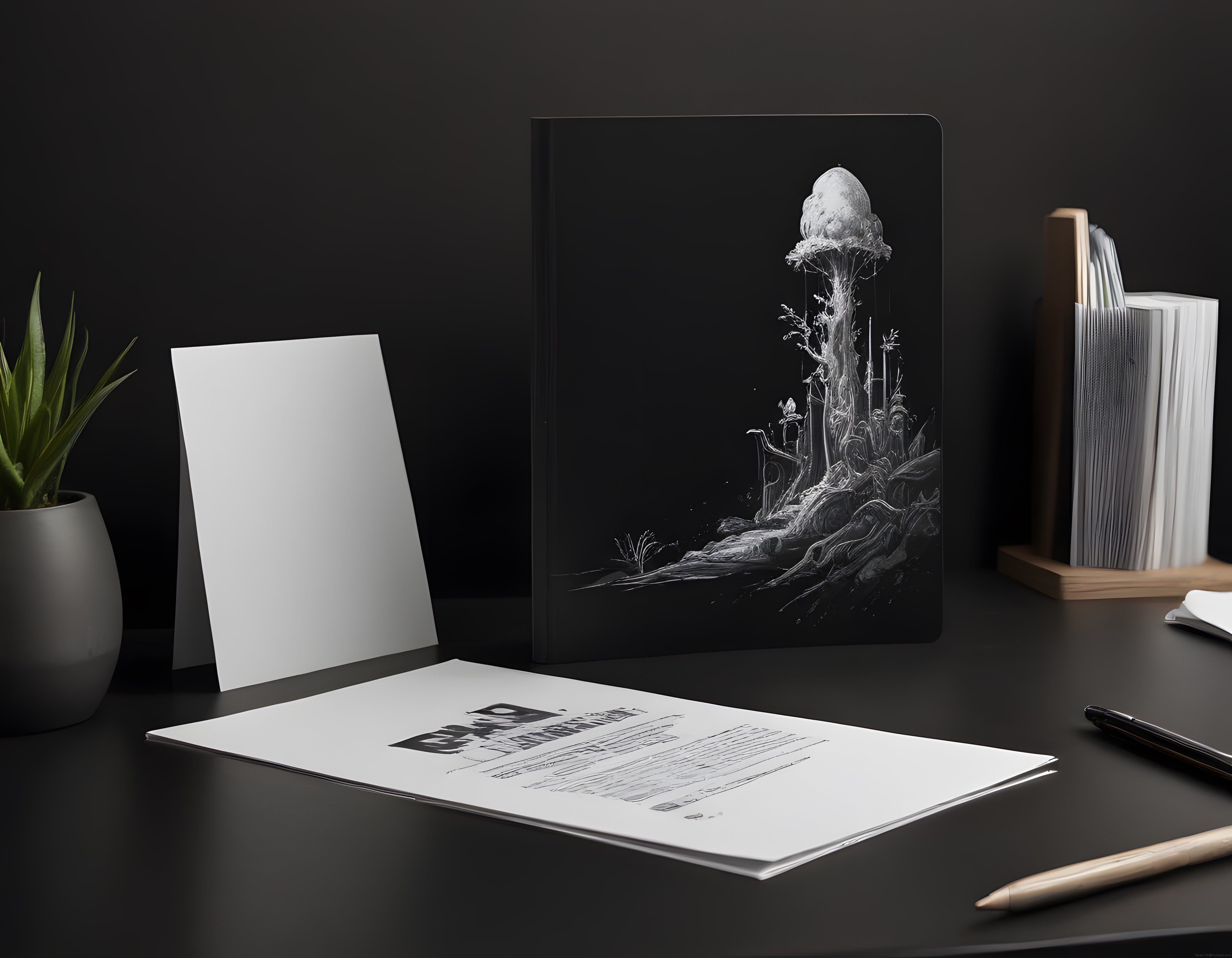 Masada duran siyah kapaklı fantastik kitap ve minimalist çalışma düzeni