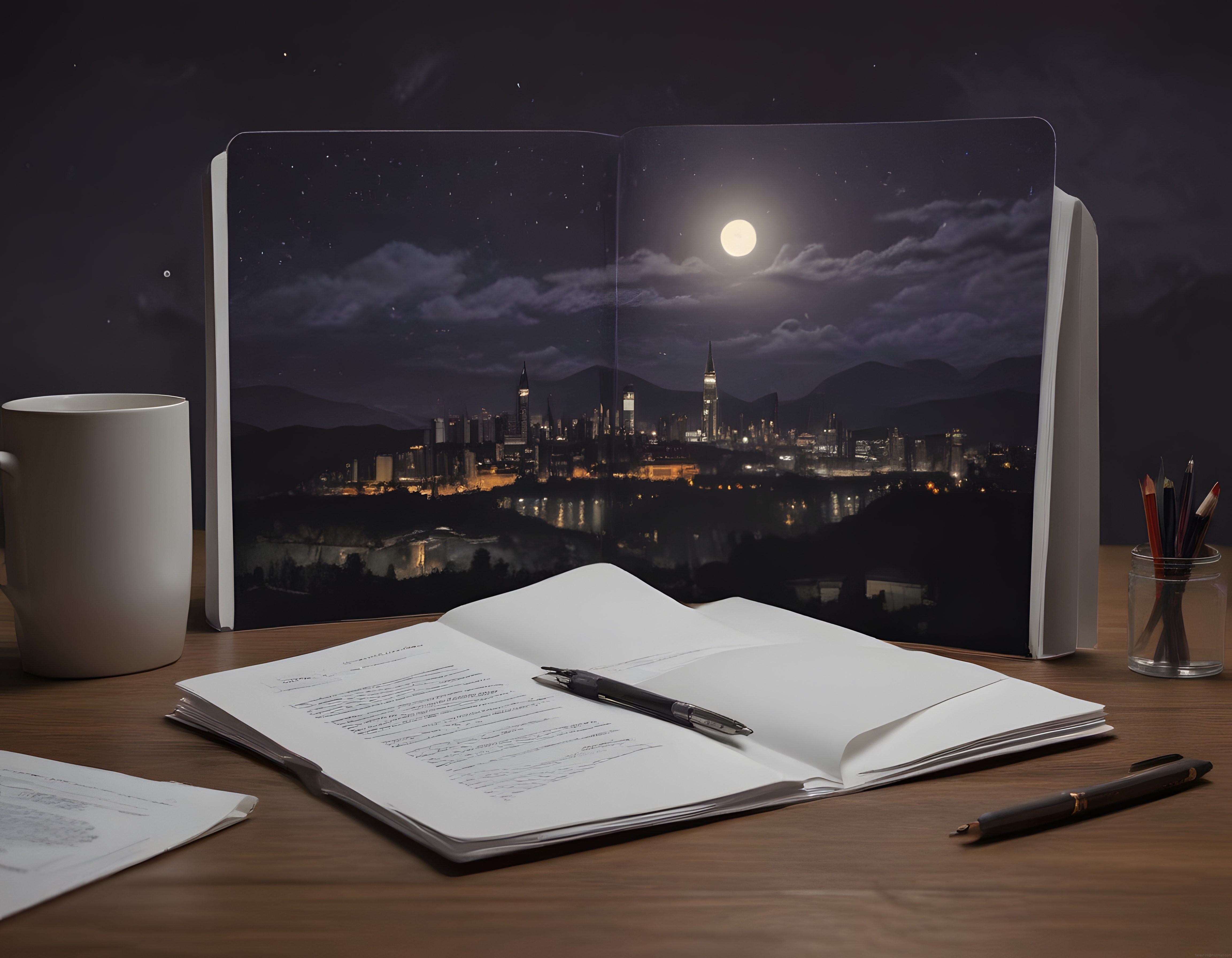 masada hayranlık uyandıran gece manzaralı fantastik kitap ve çalışma köşesi masada hayranlık uyandıran gece manzaralı fantastik kitap ve çalışma köşesi