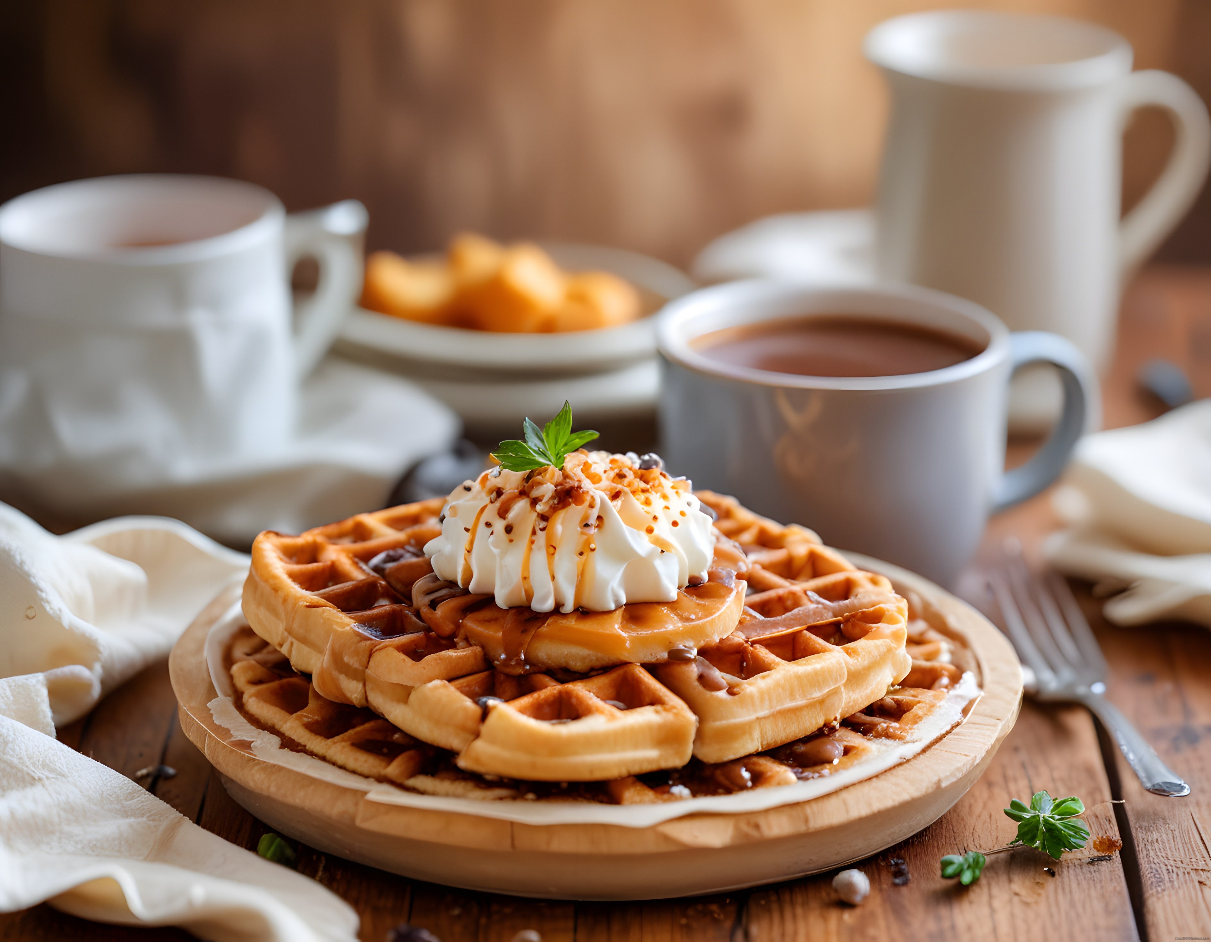 Masada Karamel Soslu Waffle ve Sıcak Kahve ile Kahvaltı Keyfi