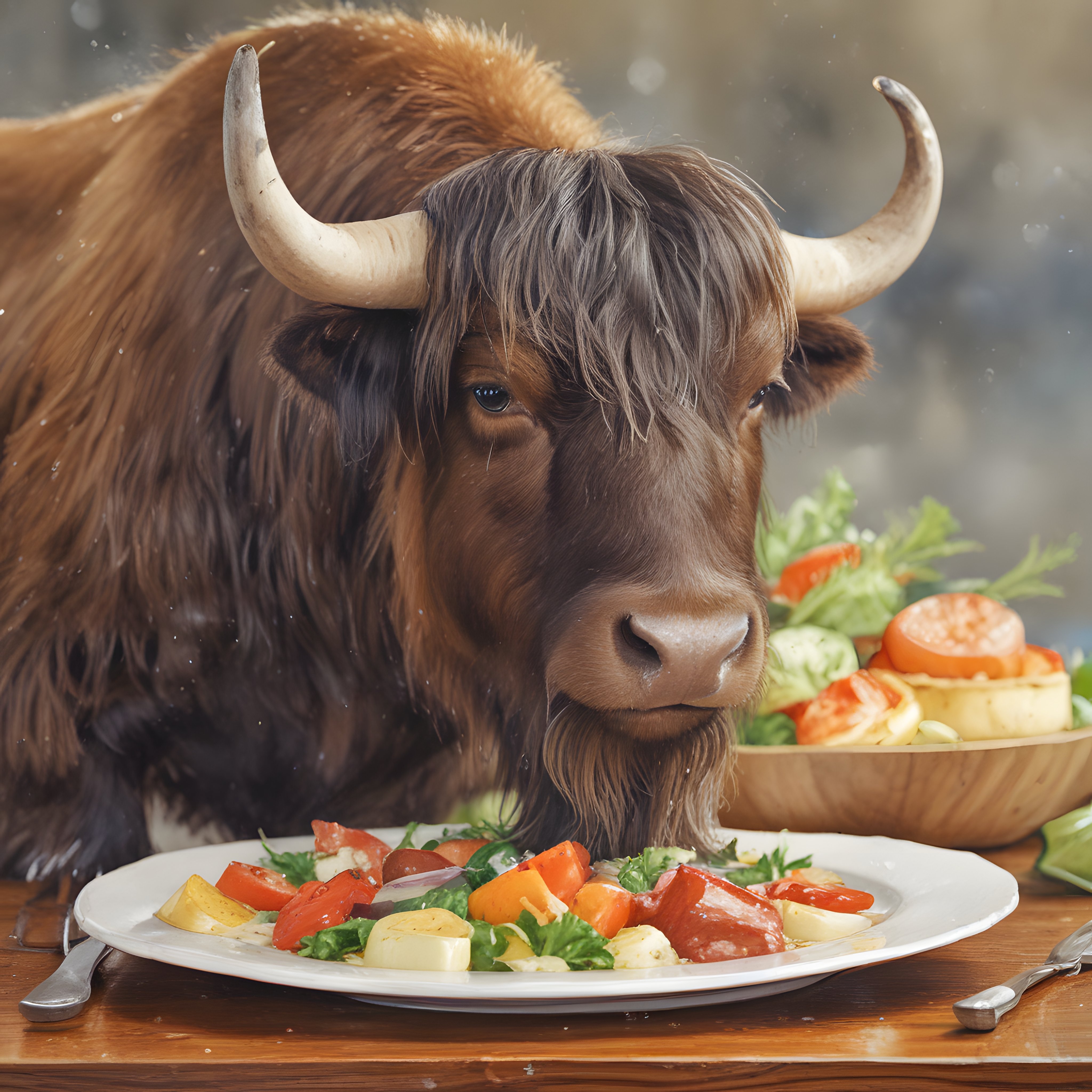 Masada Oturan Highland İneği ve Önündeki Renkli Vegan Salata Tabağı