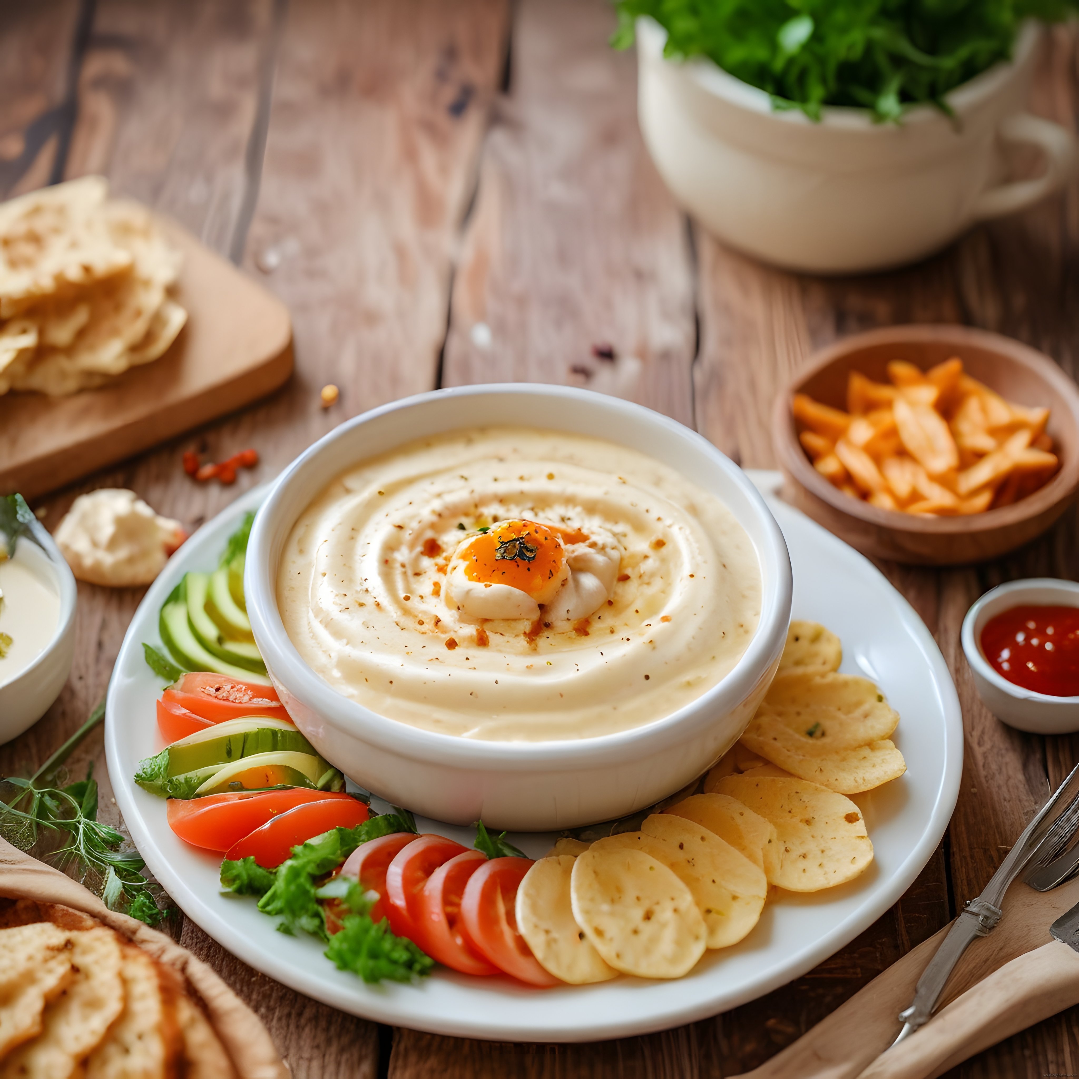 Masada Taze Sebzeler ve Cipsle Servis Edilen Kremalı Humus Sunumu