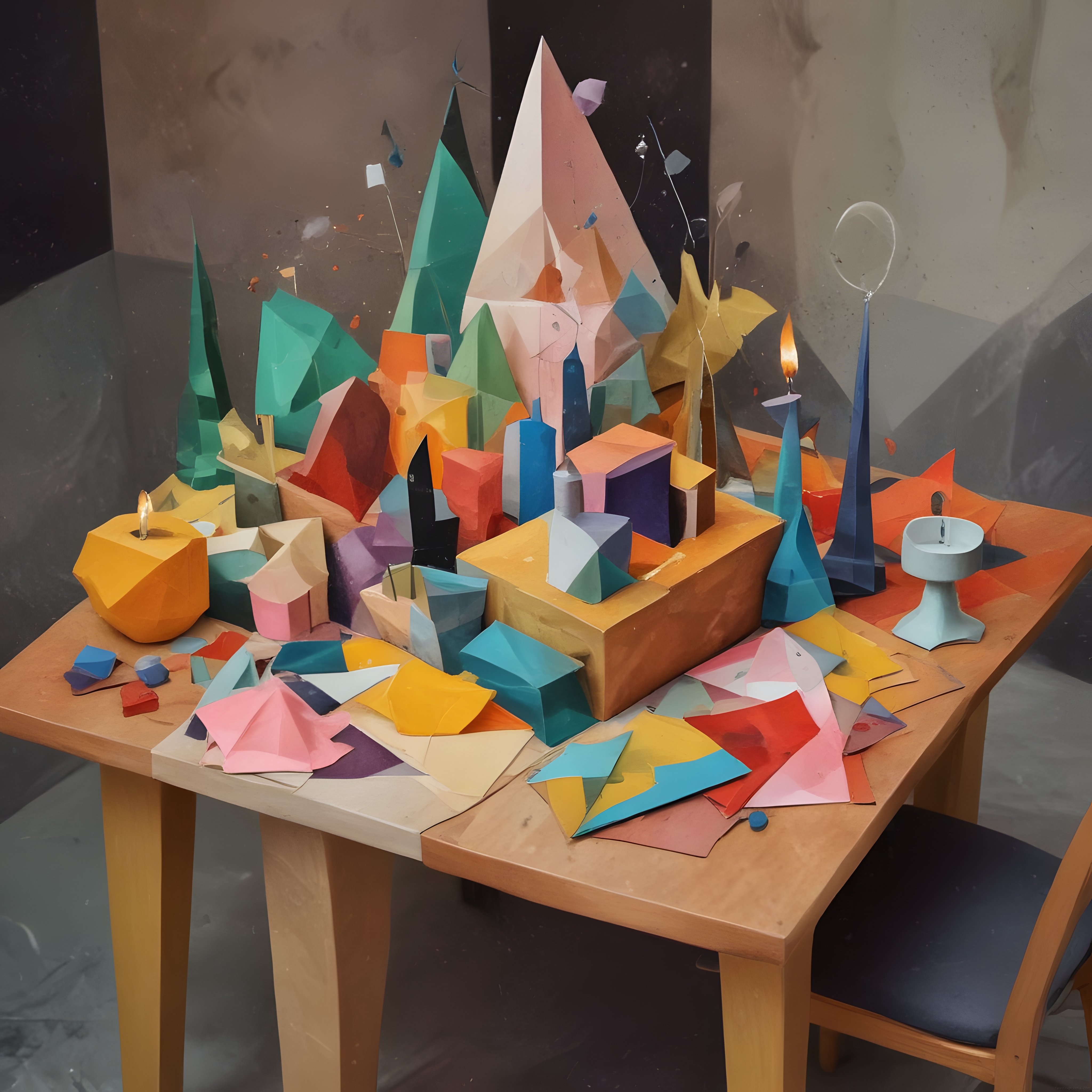 Masadaki Renkli Geometrik Kağıt Formlar ve Soyut Dijital Sanat Kompozisyonu